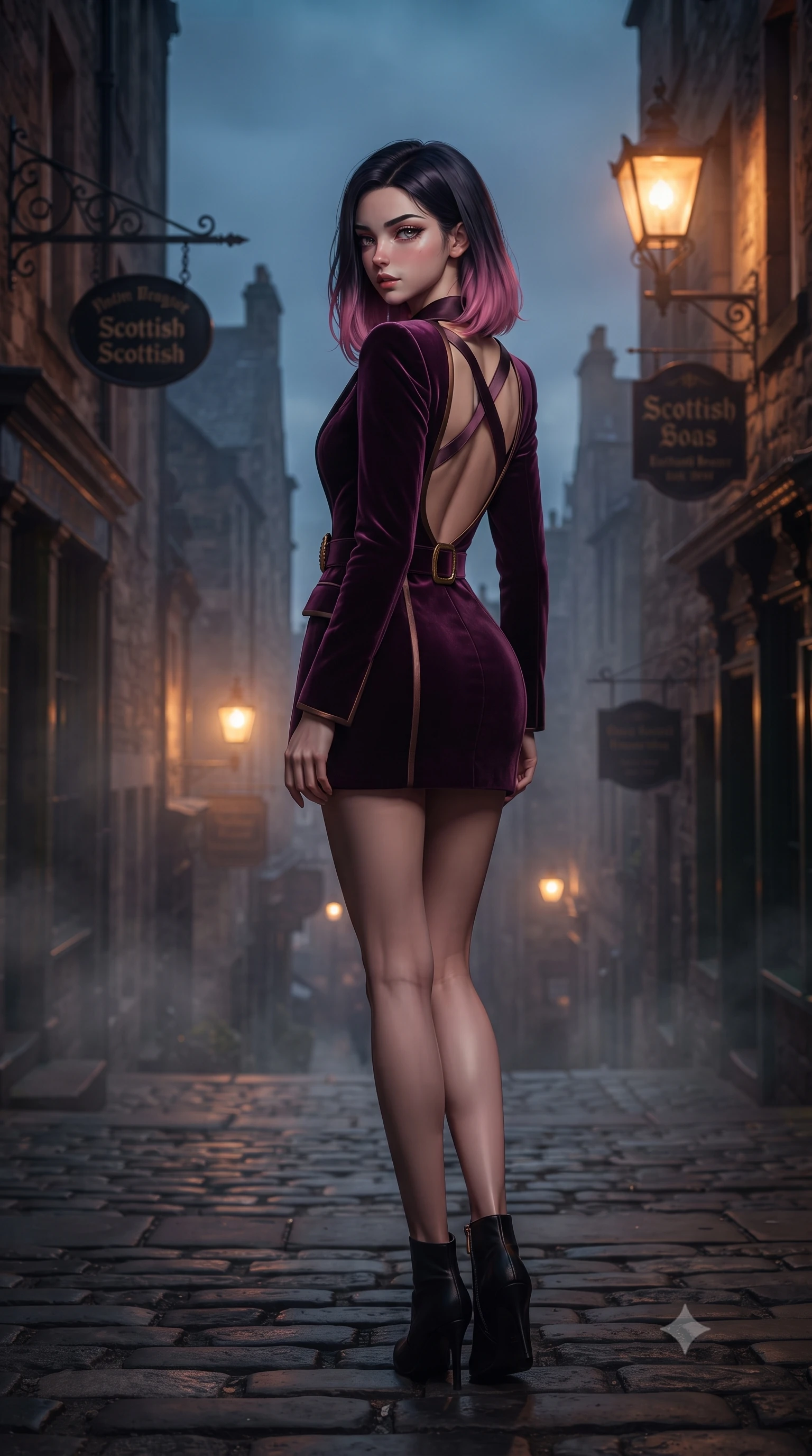 score_9, masterpiece, best quality, ultra-detailed, high-budget anime keyframe, editorial fashion photography, tasteful artistic composition, Korean woman. low angle full-body shot from head to toe showing her feet, filling the entire 9:16 vertical frame with her statuesque presence, stretching her vertical silhouette. posing with back turned slightly to the lens, glancing back with smoldering allure as she arches her lower back to emphasize her sculpted feminine hips and slender waist while descending the steep, narrow cobblestone close between ancient stone tenements, arching her back with sovereign poise under glowing gas street lamps. The composition keeps background elements in soft focus with creamy bokeh. rising cobblestone mist and historic wrought-iron hanging signs softened in atmospheric Scottish shallow focus. She has an exceptionally tall and slender model-like 8.5-heads proportion, an ultra-slim waist, a flat toned midriff, narrow delicate ribcage, and beautifully sculpted feminine hips creating a graceful, slim hourglass silhouette without any bulky heaviness, with impossibly long slender legs. sharp v-shaped jawline, high-bridge nose, intricate jewel-like eyes with depth, thick eyelashes, glossy parted lips with a natural sheen, intensely captivating and seductive bedroom-eyes expression, flawlessly proportioned anatomical accuracy, strict slender model proportions, natural body alignment, perfectly sculpted long slender limbs, ultra-slim waistline, clean dynamic posture without body distortion. wearing a tailored velvet tuxedo jacket dress with satin lapels, worn with a deep plunge neckline and gold hip buckle in deep plum violet and antique bronze, tailored from ultra-smooth duchess satin with a pearlescent sheen, finished with criss-cross back satin straps highlighting her graceful shoulder blades, the dramatically scooped open back descending to the base of her spine, accentuating her razor-sharp statuesque lines and slim hourglass silhouette. bathed in warm flickering amber gaslight contrasting with the moody deep slate blue evening sky. ultra-reflective glossy finish, specular highlights, rich textural contrasts, high-contrast stereoscopic depth, volumetric dynamic lighting, 2k, ultra detail, master piece, 9:16 ratio