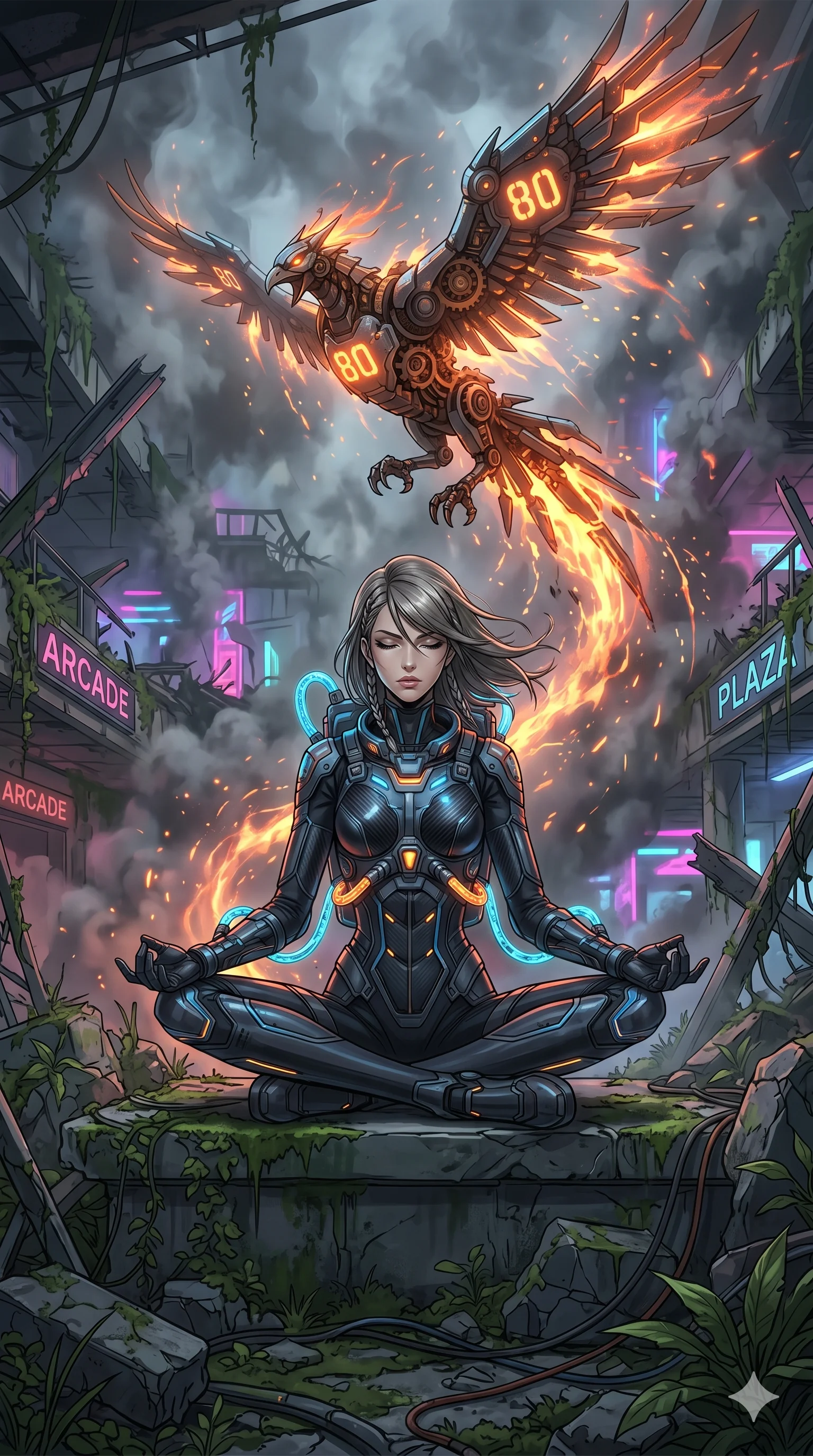 score_9, masterpiece, best quality, ultra-detailed, Set A: High-budget Anime Keyframe, Caucasian (human ears) woman. Low angle cowboy shot filling the entire 9:16 frame with her statuesque presence. Theme: Ethereal Dream. meditating in a ruined overgrown shopping mall, while a mechanical phoenix rises in the background marked 80. The atmosphere is filled with heavy smog with neon flares. She has an absolutely perfect 8-heads proportion, an exceptionally tall and slender female figure with impossibly long slender legs and an ultra-slim waist. Sharp v-shaped jawline, high-bridge nose, intricate jewel-like eyes with depth, glossy lips. Wearing Interstellar pilot suit with glowing oxygen-tubes and a sleek carbon-fiber frame. Cinematic lighting, vivid colors, dramatic shadows, 2k, ultra detail, master piece, 9:16 ratio