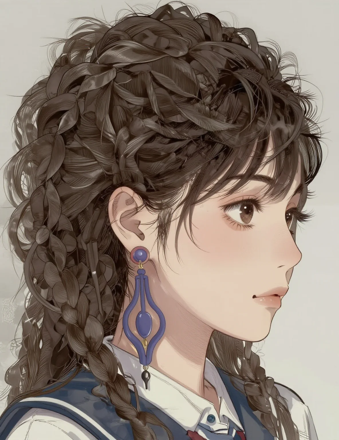 A Japanese female idol with brown hair, wearing a school uniform, viewed from a low angle. The atmosphere is ethereal and slightly melancholic, with a gentle smile and highly detailed line art.