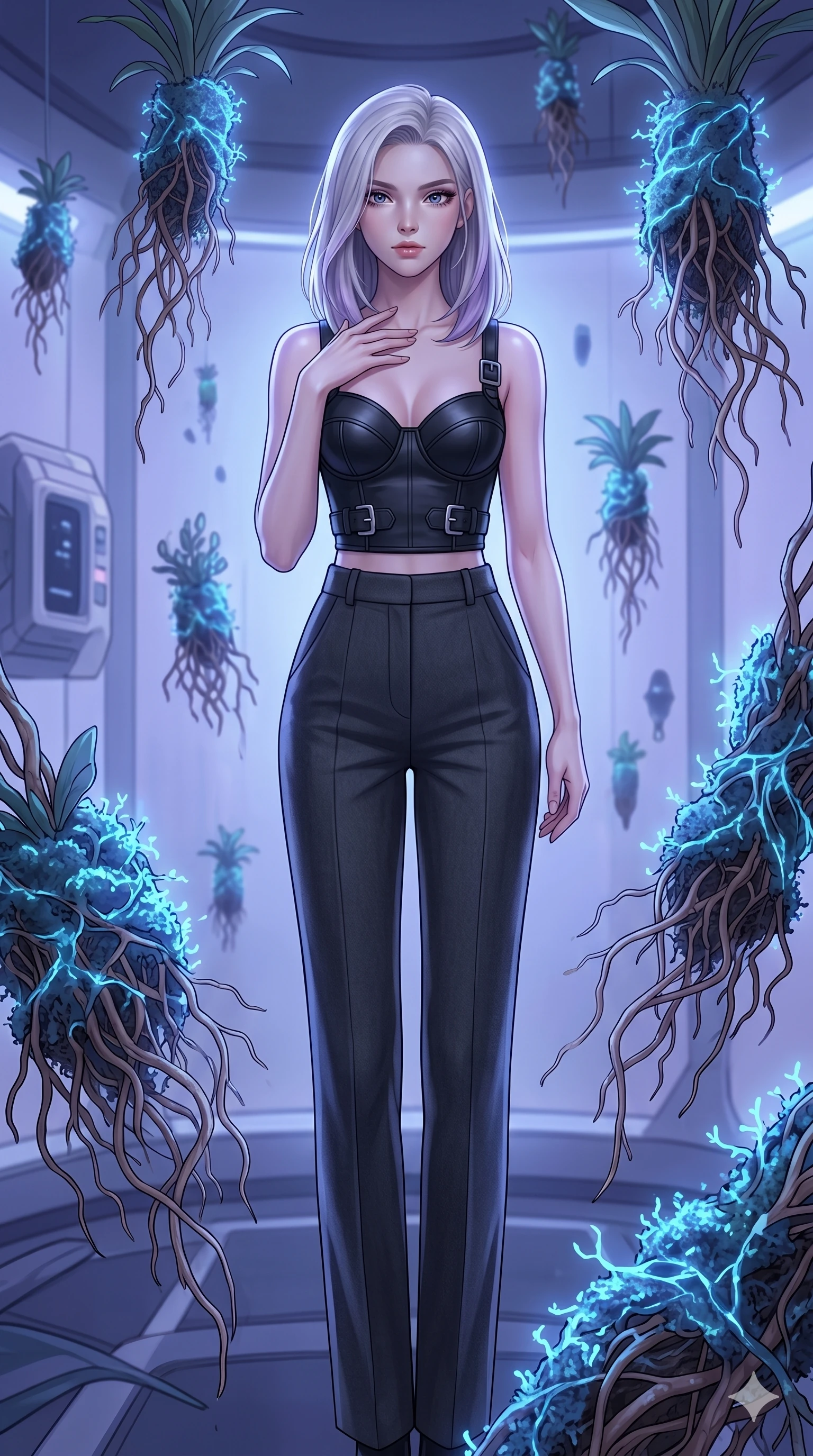 score_9, masterpiece, best quality, ultra-detailed, high-budget anime keyframe, editorial fashion photography, tasteful artistic composition, Caucasian woman, strictly human ears. cowboy shot from the thighs up, character and outfit filling the frame for maximum editorial presence. Pressing one hand lightly to her collarbone in a composed gesture within a zero-gravity botanical chamber with floating root systems wrapped in glowing blue moss. She has an absolutely perfect 8-heads proportion, an exceptionally tall and slender female figure with impossibly long slender legs and an ultra-slim waist. V-shaped jawline, high-bridge nose, intricate jewel-like eyes with depth, thick eyelashes, glossy lips with a natural sheen. wearing a sculpted matte black leather bustier with structured cups and silver buckle details, paired with high-waist charcoal wool trousers with a clean tailored leg. bathed in cool ethereal blue-violet bioluminescent glow that highlights her form from all sides. 2k, ultra detail, master piece, 9:16 ratio