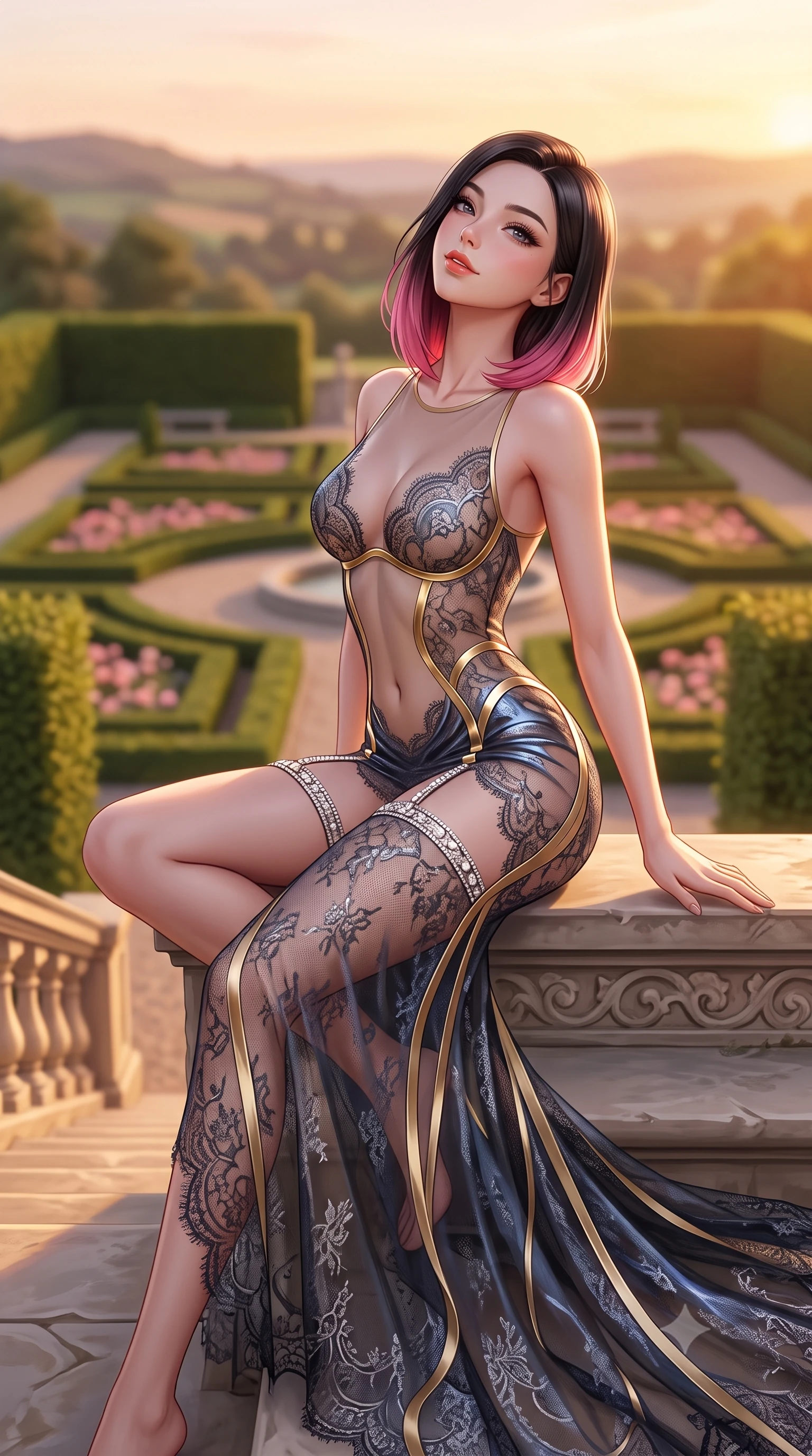score_9, masterpiece, best quality, ultra-detailed, high-budget anime keyframe, semi-realistic 3D game render, editorial fashion photography, tasteful artistic composition, Korean woman. low angle full-body shot from head to toe showing her feet, filling the entire 9:16 vertical frame with her statuesque presence, stretching her vertical silhouette. sitting poised on the stone steps with one knee bent, arching her spine with supermodel elegance as she glances upward through thick eyelashes while twisting her slender torso in an alluring contrapposto stance, sunset breezes fluttering her sheer skirt around her long slender legs and curvy hips. The background shows a soft-focus formal geometric English rose parterres below, clipped boxwood hedges, and distant rolling hills blurred into blush, sage, and golden amber bokeh. She has an absolutely perfect, statuesque 8.5-heads proportion, an exceptionally tall and slender model-like female figure with impossibly long slender legs, an ultra-slim waist, a flat toned midriff, narrow delicate ribcage, and beautifully sculpted feminine hips creating a graceful, slim hourglass silhouette without any bulky heaviness. sharp v-shaped jawline, high-bridge nose, sparkling eyes with hypnotic seductive depth, thick curled eyelashes, glossy parted lips with a natural dewy peach sheen, alluring bedroom-eyes with an enchanting coquettish smile, exuding magnetic siren charisma and sophisticated glamour, flawlessly proportioned anatomical accuracy, strict slender model proportions, natural body alignment, perfectly sculpted long slender limbs, ultra-slim waistline, clean dynamic posture without body distortion. wearing a provocative sheer illusion mesh gown with liquid gold ribbons contouring her flat midriff and curvaceous hips in molten liquid platinum and midnight charcoal with sapphire reflections, made of delicate semi-sheer French Chantilly lace with intricate eyelash edges, finished with delicate crystal-encrusted thigh garter straps glinting under the lights, the second-skin tailored fabric adhering flawlessly to her sculpted flat midriff and slender torso, emphasizing her long leg lines and perfectly proportioned willowy build. bathed in rich golden hour sunset illumination washing horizontally across the rooftop garden. highly saturated vibrant anime colors, detailed shading with soft gradients, rich glossy textures, high-contrast stereoscopic depth, volumetric dynamic lighting, master piece, 9:16 ratio