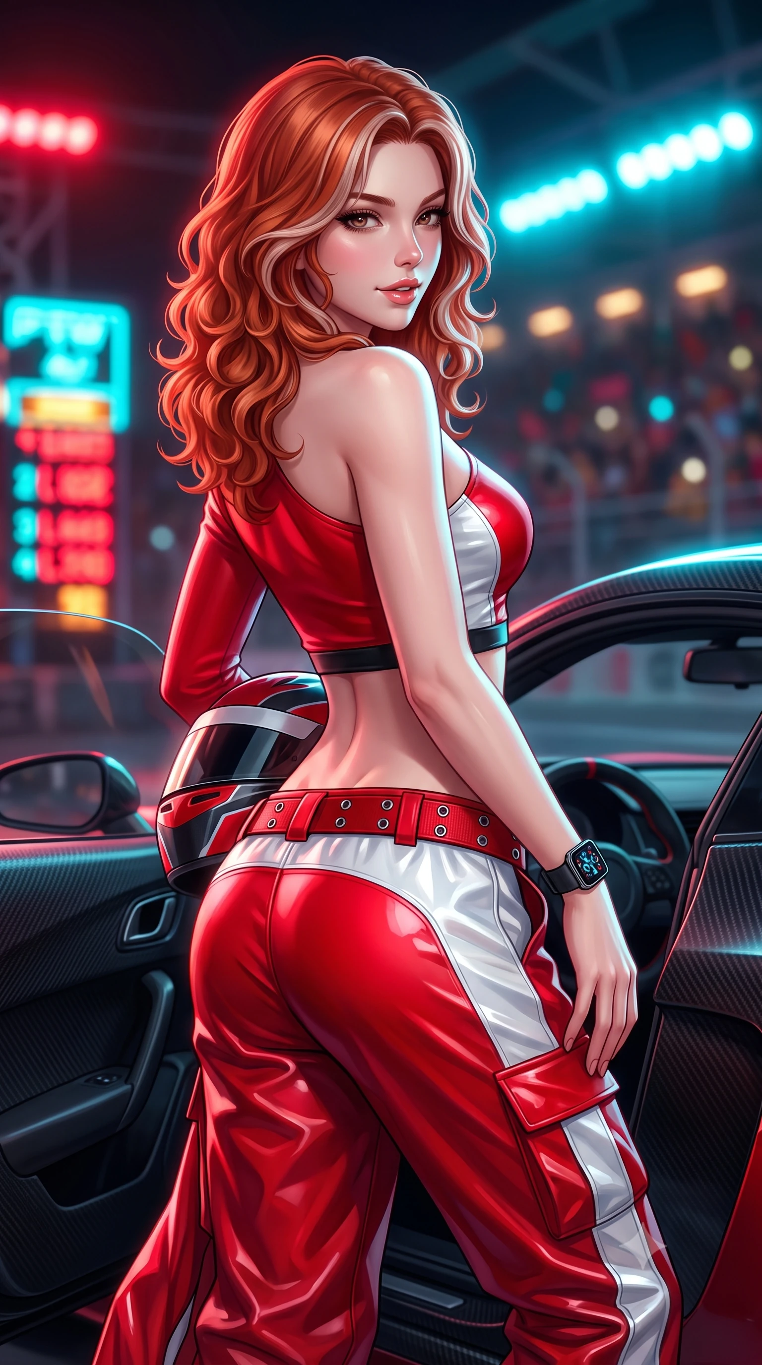 score_9, masterpiece, best quality, ultra-detailed, high-budget anime keyframe, semi-realistic 3D game render, editorial fashion photography, tasteful artistic composition, Caucasian woman. close-up cowboy shot from the waist and thighs up, the character dominates the composition, filling the frame with her large presence. turning over a bare shoulder with an intoxicating, teasing smile, her soft hair framing her sharp jawline as she looks back while leaning deep against the driver's side door with hips cocked, helmet resting against her hip, smoldering gaze locking onto the lens. The composition keeps background elements in soft focus with creamy bokeh. flashing neon pitlane status boards and distant crowd stadium lights blurred into blazing crimson, electric cyan, and amber bokeh. She has an exceptionally elegant, slender, and willowy female figure with an ultra-slim waist, a gracefully sculpted slender torso, toned flat midriff, and a refined slim silhouette. sharp v-shaped jawline, high-bridge nose, intricate jewel-like eyes with depth, thick eyelashes, glossy parted lips with a natural sheen, intensely captivating and seductive expression, flawlessly proportioned anatomical accuracy, strict slender model proportions, natural body alignment, perfectly sculpted long slender limbs, ultra-slim waistline, clean dynamic posture without body distortion. wearing an asymmetric single-sleeve moto crop top paired with baggy metallic parachute trousers and grommet belt in bright racing scarlet red and glossy white, crafted from flexible reflective spandex and heavy tactical webbing, equipped with a low-slung utility holster and racing telemetry smartwatch, the athletic second-skin cut highlighting her toned flat midriff and slender model proportions during dynamic action. bathed in high-intensity xenon hypercar headlights and neon pitlane floodlights. highly saturated vibrant anime colors, detailed shading with soft gradients, rich glossy textures, high-contrast stereoscopic depth, volumetric dynamic lighting, master piece, 9:16 ratio