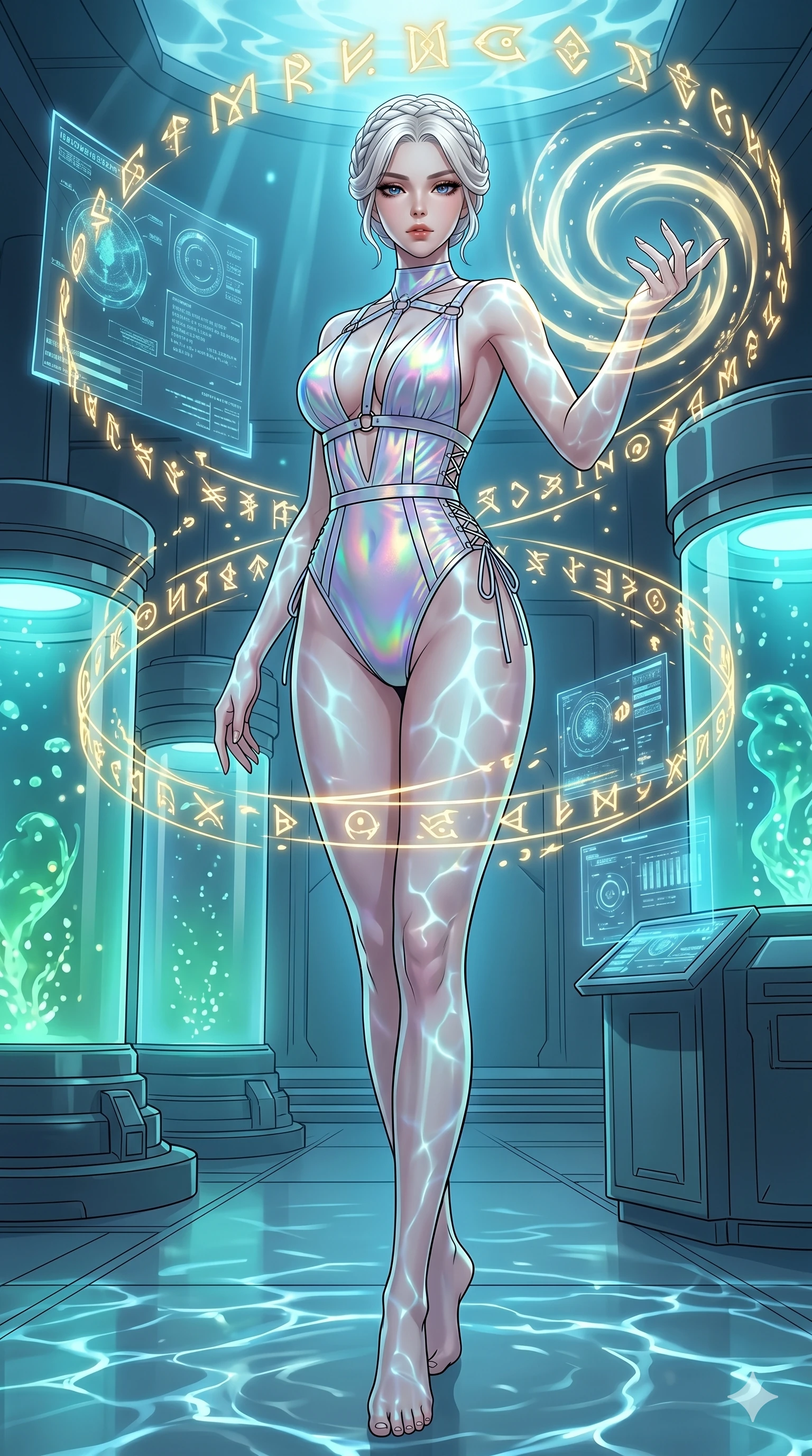 score_9, masterpiece, best quality, ultra-detailed, High-budget Anime Keyframe, vibrant colors, fluid line-art, expressive lighting, cinematic composition, Ufotable-style visual effects, top-tier animation quality, Korean woman with idol-like refined features. Wide-angle low shot emphasizing her impossibly long slender legs and commanding stature. Performing a high-speed mystical ritual in a temple of pure light, her body surrounded by orbiting golden runes and symbols. She has an absolutely perfect 8-heads proportion, an exceptionally tall and slender female figure with impossibly long slender legs and an ultra-slim waist, her statuesque height and towering silhouette dominating the vertical 9:16 frame. Her face is a masterpiece featuring a sharp v-shaped jawline, high-bridge nose, intricate jewel-like eyes with depth, thick eyelashes, and glossy lips with a natural sheen. She is wearing a Micro-bodysuit with a complex integrated harness system and high-cut leg lines crafted from Holographic chiffon that changes color with every movement, creating a rainbow effect, featuring a deep plunging neckline and delicate lace-up side details. The scene is set in a high-tech research laboratory with glowing glass tanks and complex holographic interfaces, illuminated by underwater caustic lighting with ripples of light dancing across her body. 2k, ultra detail, master piece, 9:16 ratio