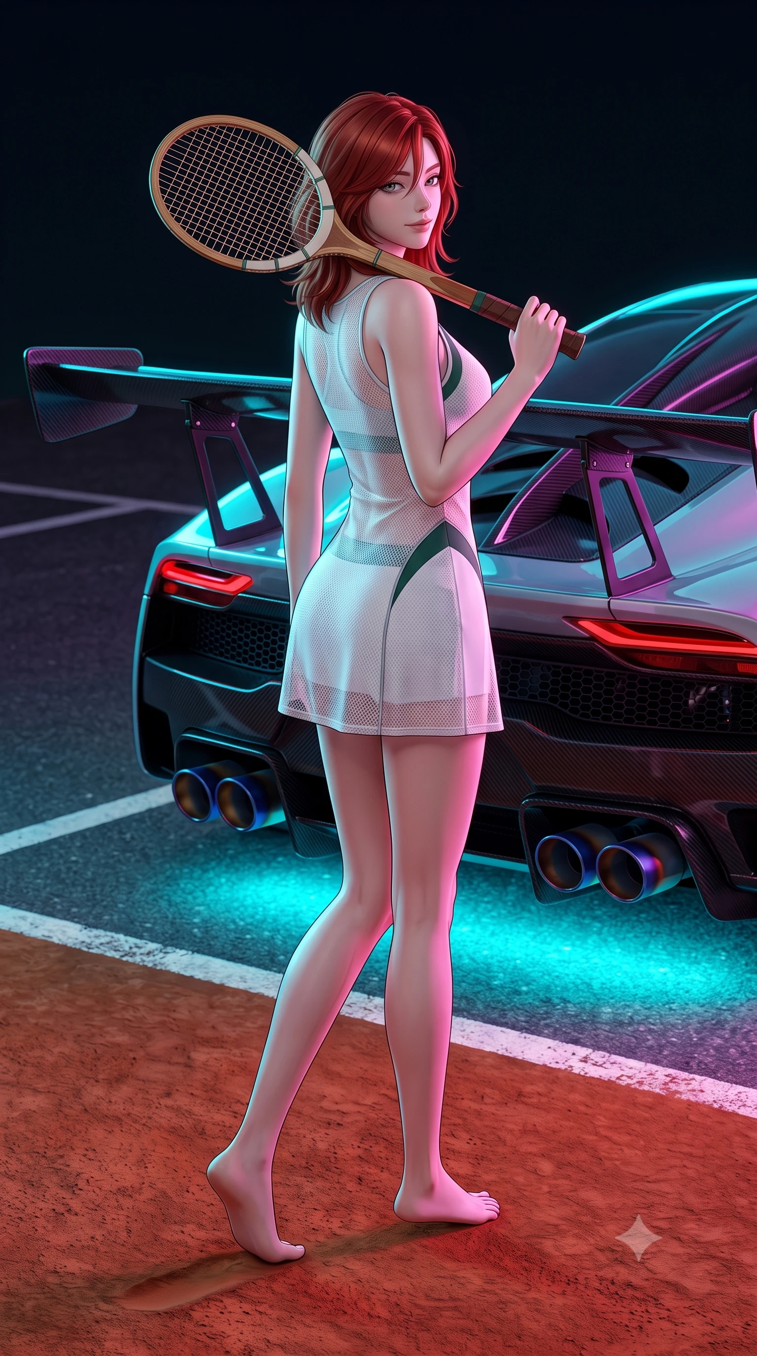 score_9, masterpiece, best quality, ultra-detailed, high-budget anime keyframe, semi-realistic 3D game render, editorial fashion photography, tasteful artistic composition, Korean woman. low angle full-body shot from head to toe showing her feet, filling the entire 9:16 vertical frame with her statuesque presence, stretching her vertical silhouette. walking slowly along the clay court baseline, looking back over her shoulder with an air of effortless grace and an alluring, smoldering smile while sitting on the wide carbon rear wing of an exotic Japanese hypercar, arching her lower back with dangerous, smoldering racing queen allure. The surrounding environment is rendered in vivid detail and crisp panoramic clarity: sharp titanium exhaust tip heat-burn discoloration, glossy car paint reflections, and asphalt parking bay line clarity in deep focus. She has an absolutely perfect, statuesque 8.5-heads proportion, an exceptionally tall and slender model-like female figure with impossibly long slender legs, an ultra-slim waist, a flat toned midriff, narrow delicate ribcage, and beautifully sculpted feminine hips creating a graceful, slim hourglass silhouette without any bulky heaviness. sharp v-shaped jawline, high-bridge nose, sparkling eyes with athletic focus and depth, thick curled eyelashes, glossy parted lips with a natural coral-peach sheen, bright confident and coquettish smile with alluring bedroom-eyes, exuding both youthful sporty vigor and sovereign high-society glamour, flawlessly proportioned anatomical accuracy, strict slender model proportions, natural body alignment, perfectly sculpted long slender limbs, ultra-slim waistline, clean dynamic posture without body distortion. wearing a delicate semi-sheer white mesh tennis slip dress layered over a matching sports bra, hugging her slender waist and hips in alpine silver platinum and forest green, tailored from crisp cotton poplin with clean aerodynamic structural lines, featuring a vintage wooden tennis racket held casually over one shoulder, the form-fitting tailored bodice adhering flawlessly to her sculpted flat midriff and slender torso, emphasizing her long leg lines and perfectly proportioned willowy build. bathed in intense saturated underglow neons in electric cyan and magenta contrasting with night shadows. highly saturated vibrant anime colors, detailed shading with soft gradients, rich glossy textures, high-contrast stereoscopic depth, volumetric dynamic lighting, master piece, 9:16 ratio