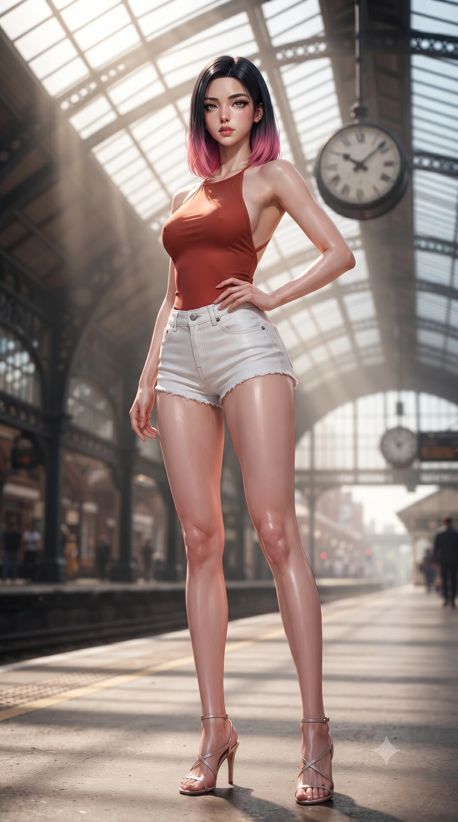score_9, masterpiece, best quality, ultra-detailed, high-budget anime keyframe, editorial fashion photography, tasteful artistic composition, Korean woman woman. low angle full-body shot from head to toe showing her feet, filling the entire 9:16 vertical frame with her statuesque presence, stretching her vertical silhouette. posing confidently with one hand on her hip, stretching her statuesque body to emphasize her curves the background shows a soft-focus a historic train station platform built of iron and glass, with a classic clock hanging. She has an absolutely perfect, statuesque 8.5-heads proportion, an exceptionally tall and slender model-like female figure with impossibly long slender legs and an ultra-slim waist. sharp v-shaped jawline, high-bridge nose, intricate jewel-like eyes with depth, thick eyelashes, glossy lips with a natural sheen. wearing a body-hugging backless halter top in terracotta red, paired with white denim micro-shorts. morning sunrays cutting through the glass roof, creating volumetric light shafts. ultra-reflective glossy finish, specular highlights, metallic sheen, high-contrast stereoscopic depth, volumetric dynamic lighting, 2k, ultra detail, master piece, 9:16 ratio