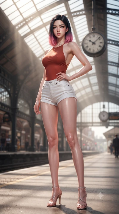 score_9, masterpiece, best quality, ultra-detailed, high-budget anime keyframe, editorial fashion photography, tasteful artistic composition, Korean woman woman. low angle full-body shot from head to toe showing her feet, filling the entire 9:16 vert