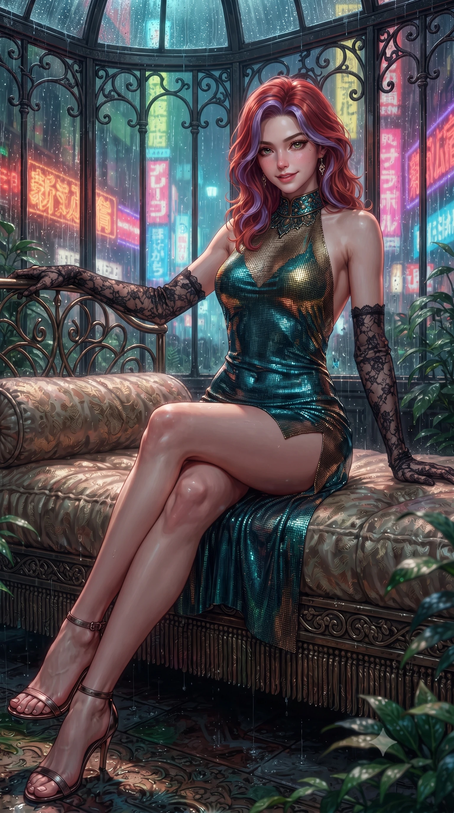 score_9, masterpiece, best quality, ultra-detailed, high-budget anime keyframe, editorial fashion photography, tasteful artistic composition, Caucasian woman. low angle full-body shot from head to toe showing her feet, filling the entire 9:16 vertical frame with her statuesque presence, stretching her vertical silhouette. lounging on the lavish daybed with legs crossed and hips angled toward the camera, displaying her toned midriff and long slender limbs with effortless siren poise while leaning against the cast-iron greenhouse window frame with hips cocked back, looking through heavy rain toward blazing Shinjuku neon signs. The surrounding environment is rendered in vivid detail and crisp panoramic clarity: detailed wet-look latex cheongsam mini dress cling, jade earring shine, and retro-futuristic greenhouse framing in razor-sharp precision. She has an absolutely perfect, statuesque 8.5-heads proportion, an exceptionally tall and slender model-like female figure with impossibly long slender legs, an ultra-slim waist, a flat toned midriff, narrow delicate ribcage, and beautifully sculpted feminine hips creating a graceful, slim hourglass silhouette without any bulky heaviness. sharp v-shaped jawline, high-bridge nose, sparkling eyes with hypnotic seductive depth, thick curled eyelashes, glossy parted lips with a natural dewy peach sheen, alluring bedroom-eyes with an enchanting coquettish smile, exuding magnetic siren charisma and sophisticated glamour, flawlessly proportioned anatomical accuracy, strict slender model proportions, natural body alignment, perfectly sculpted long slender limbs, ultra-slim waistline, clean dynamic posture without body distortion. wearing a slinky backless halterneck column mini dress in shimmering liquid vinyl clinging like a second skin in deep peacock teal and burnished antique brass, crafted from shimmering fluid chainmail mesh reflecting ambient lights, complemented by sheer opera-length lace evening gloves tracing her slender arms, the glove-like clinging cut tightly following the natural contour of her hips and long slender legs with youthful 8.5-heads elegance. bathed in dynamic shifting multi-color neon light transmitted through rain-streaked exterior glass. ultra-reflective glossy finish, specular highlights, rich textural contrasts, high-contrast stereoscopic depth, volumetric dynamic lighting, 2k, ultra detail, master piece, 9:16 ratio
