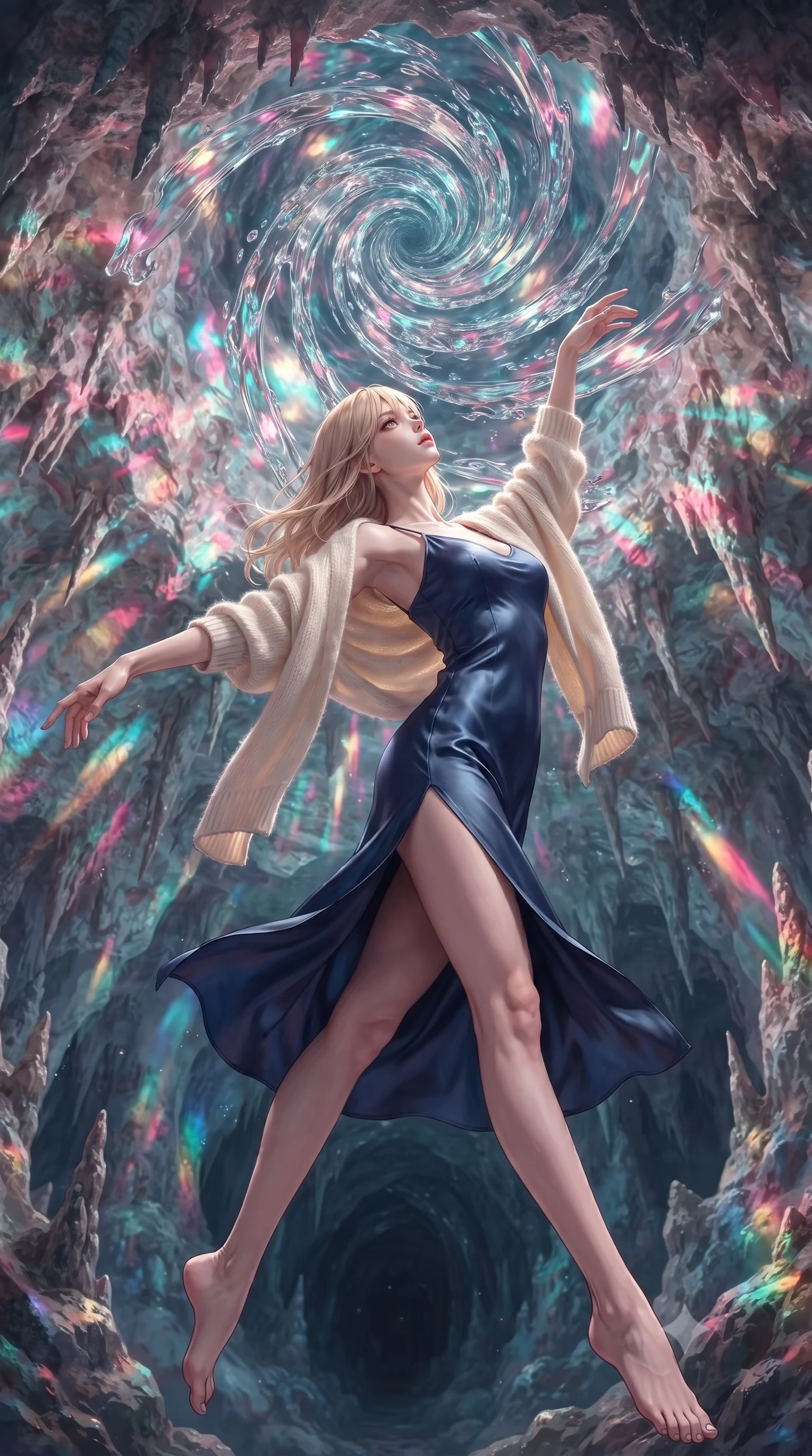 score_9, masterpiece, best quality, ultra-detailed, high-budget anime keyframe, editorial fashion photography, tasteful artistic composition, Japanese woman. low angle full-body shot from head to toe showing her feet, filling the entire 9:16 vertical frame with her statuesque presence, stretching her vertical silhouette. dancing with weightless grace through inside a vast cavern where a whirlpool of liquid crystal spirals downward into an unknown depth casting kaleidoscopic reflections across the rough cave walls as it rotates and refracts all available light. She has a statuesque 8.5-heads proportion, an exceptionally tall, slender and willowy model-like build with impossibly long legs and a highly sculpted ultra-slim waist. sharp v-shaped jawline, high-bridge nose, intricate jewel-like eyes with depth, thick eyelashes, glossy lips with a natural sheen. wearing a deep navy silk slip midi dress featuring a tasteful side thigh slit, layered with a soft cream knit shawl. starlight and nebula glow casting soft cosmic pink and cyan highlights on her form. 2k, ultra detail, master piece, 9:16 ratio