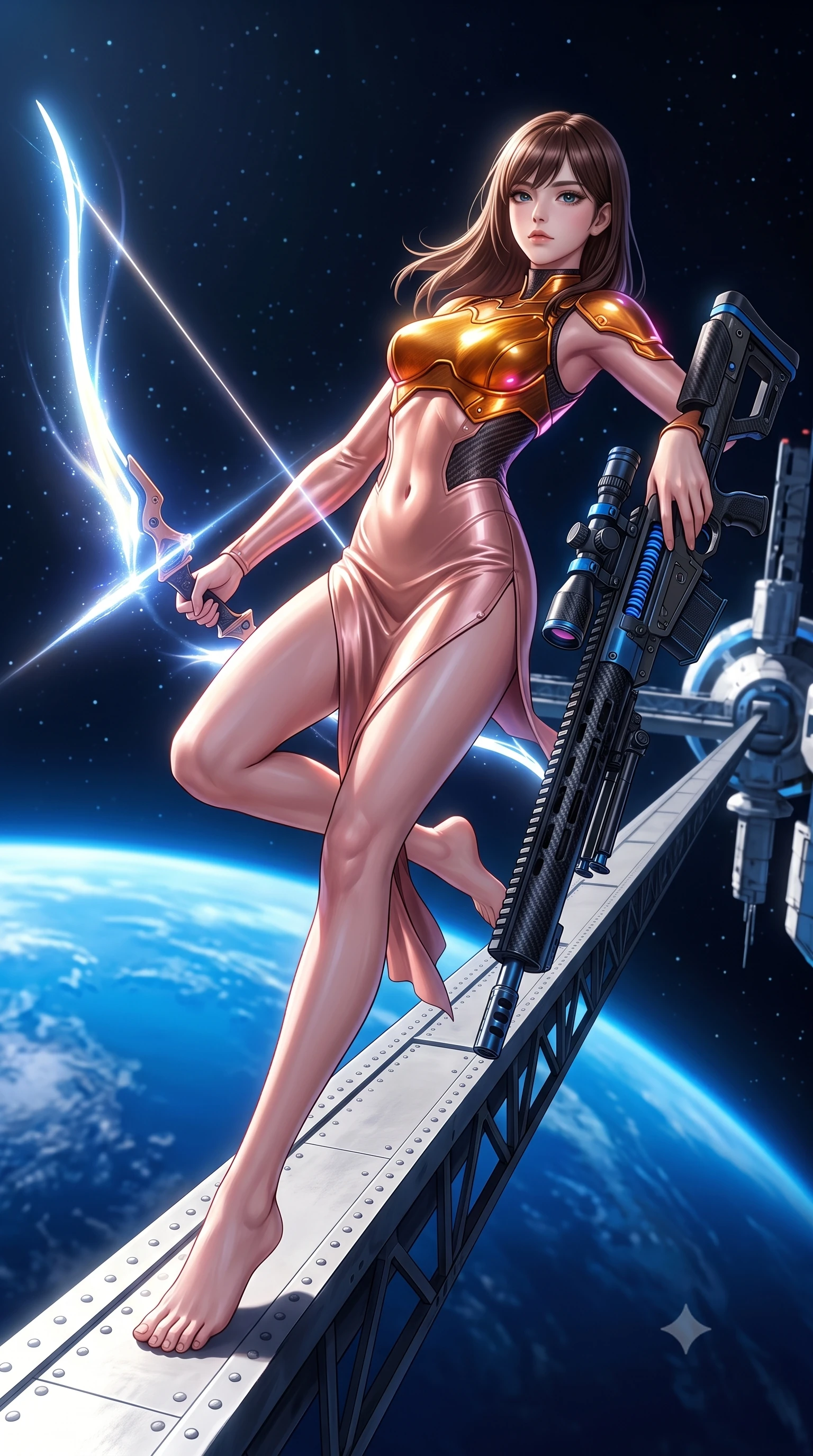 score_9, masterpiece, best quality, ultra-detailed, high-budget anime keyframe, semi-realistic 3D game render, editorial fashion photography, tasteful artistic composition, Korean woman. low angle full-body shot from head to toe showing her feet, filling the entire 9:16 vertical frame with her statuesque presence, stretching her vertical silhouette. arching her back gracefully in mid-air during a dynamic combat vault, her weapon energy trail framing her statuesque presence while stepping along a suspended gantry extending into the starry void with sniper rifle held in a relaxed, sovereign posture. The surrounding environment is rendered in vivid detail and crisp panoramic clarity. sharp carbon-fiber rifle barrel weave, glowing blue railgun accelerator coils, and space station rivets in deep focus. She has an absolutely perfect, statuesque 8.5-heads proportion, an exceptionally tall and slender model-like female figure with impossibly long slender legs, a toned flat midriff, and an ultra-slim waist. sharp v-shaped jawline, high-bridge nose, intricate jewel-like eyes with depth, thick eyelashes, glossy lips with a natural sheen, flawlessly proportioned anatomical accuracy, strict slender model proportions, natural body alignment, perfectly sculpted long slender limbs, ultra-slim waistline, clean dynamic posture without body distortion. wearing a form-fitting luminous rose-gold carbon combat gown with tactical side slits, wielding a floating magnetic energy bow with celestial poise in molten amber-gold carbon cuirass with dark titanium weave, made of lightweight aerodynamic carbon-titanium alloy with polished edge bevels, finished with high-mobility articulation joints and miniature magnetic armor locks, the glove-like aerodynamic second-skin fit tightly clinging to her ultra-slender waist and athletic curves without adding bulk, accentuating her razor-sharp statuesque lines and slim hourglass silhouette. bathed in dazzling natural orbital sunlight and rich blue planetary ambient bounce light. rich saturated anime colors with glowing neon highlights, detailed shading with soft gradients, rich glossy textures, high-contrast stereoscopic depth, volumetric dynamic lighting, master piece, 9:16 ratio