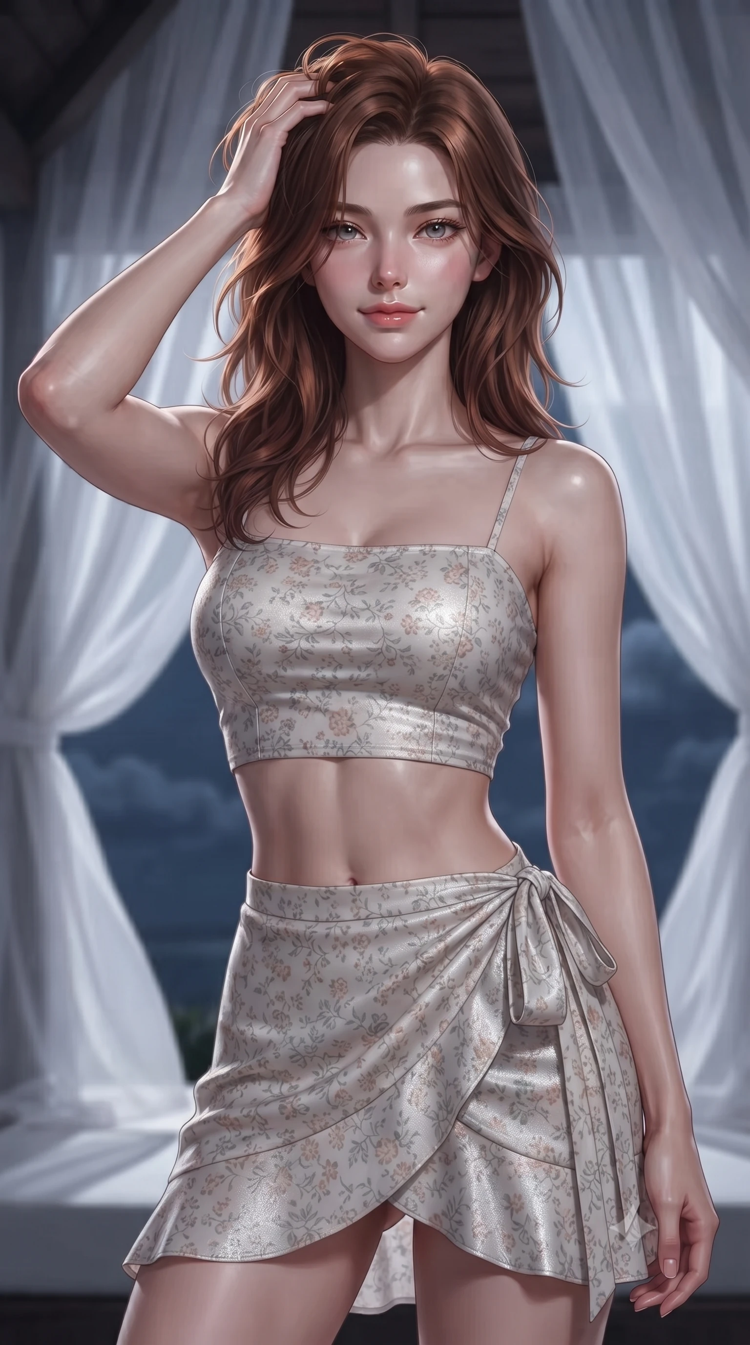 score_9, masterpiece, best quality, ultra-detailed, high-budget anime keyframe, editorial fashion photography, tasteful artistic composition, Korean woman. close-up cowboy shot from the waist and thighs up, the character dominates the composition, filling the frame with her large presence, background elements kept in soft focus. smiling with quiet, magnetic self-assurance directly into the camera, running a hand through her hair the background shows a soft-focus a cloud-top gazebo with sheer white drapes swaying softly in the midnight breeze. She has an exceptionally elegant, slender, and willowy female figure with an ultra-slim waist, a gracefully sculpted slender torso, and a refined silhouette. sharp v-shaped jawline, high-bridge nose, intricate jewel-like eyes with depth, thick eyelashes, glossy lips with a natural sheen. wearing a slim-fit summer vacation crop top and wrap skirt set in floral print cotton, showing her slim waist. soft silver moonlight filtering through white sheer fabric. ultra-reflective glossy finish, specular highlights, metallic sheen, high-contrast stereoscopic depth, volumetric dynamic lighting, 2k, ultra detail, master piece, 9:16 ratio