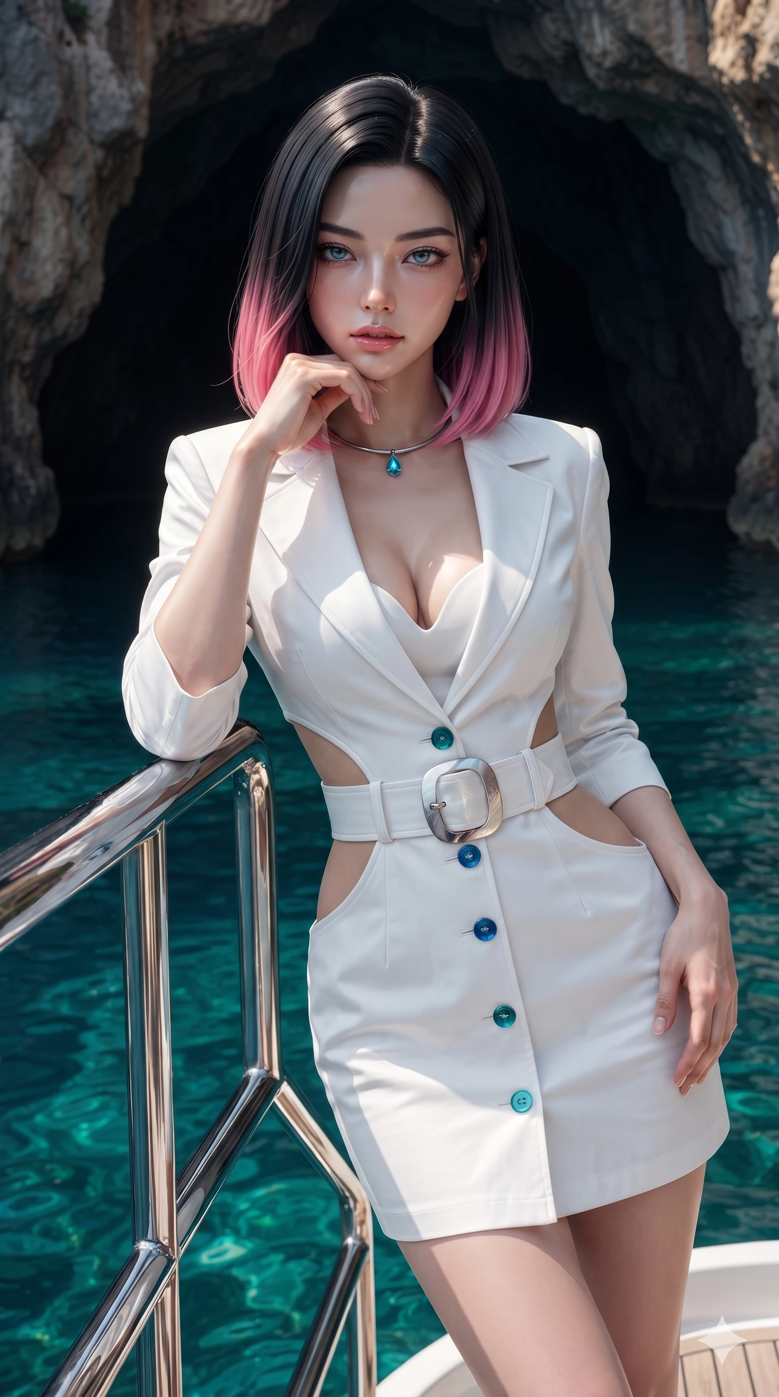 score_9, masterpiece, best quality, ultra-detailed, high-budget anime keyframe, editorial fashion photography, tasteful artistic composition, Korean woman. close-up cowboy shot from the waist and thighs up, the character dominates the composition, filling the frame with her large presence. resting one elbow on the yacht railing and supporting her chin, leaning close to the camera with heavy-lidded sparkling eyes and parted lips while walking slowly out of the sea cavern shadows into the crystal water with hypnotic grace, hips swaying in an alluring sensual rhythm. The surrounding environment is rendered in vivid detail and crisp panoramic clarity: detailed deep sweetheart-neckline bodycon romper, side-hip cutouts, and dramatic fjord geology in razor-sharp clarity. She has an exceptionally elegant, slender, and willowy female figure with an ultra-slim waist, flat toned midriff, narrow ribcage, and sculpted feminine hips creating an alluring, slim hourglass silhouette without bulk. sharp v-shaped jawline, high-bridge nose, sparkling eyes with hypnotic seductive depth, thick curled eyelashes, glossy parted lips with a natural dewy peach sheen, alluring bedroom-eyes with an enchanting coquettish smile, exuding magnetic siren charisma and sophisticated glamour, flawlessly proportioned anatomical accuracy, strict slender model proportions, natural body alignment, perfectly sculpted long slender limbs, ultra-slim waistline, clean dynamic posture without body distortion. wearing a tailored white cotton poplin resort trench dress with structured waist belt and mother-of-pearl buttons in deep Capri grotto sapphire and glowing electric teal, tailored from second-skin technical compression neoprene with athletic curve-sculpting stretch, finished with a minimalist chrome choker and a single turquoise stone pendant, the bespoke structured tailoring following the natural line of her 8.5-heads silhouette with refined elegance. illuminated by emerald water surface bounce and sharp golden-amber rim lights sculpting her razor-sharp jawline, narrow waist, and curvy hips. ultra-reflective glossy finish, specular highlights, rich textural contrasts, high-contrast stereoscopic depth, volumetric dynamic lighting, 2k, ultra detail, master piece, 9:16 ratio