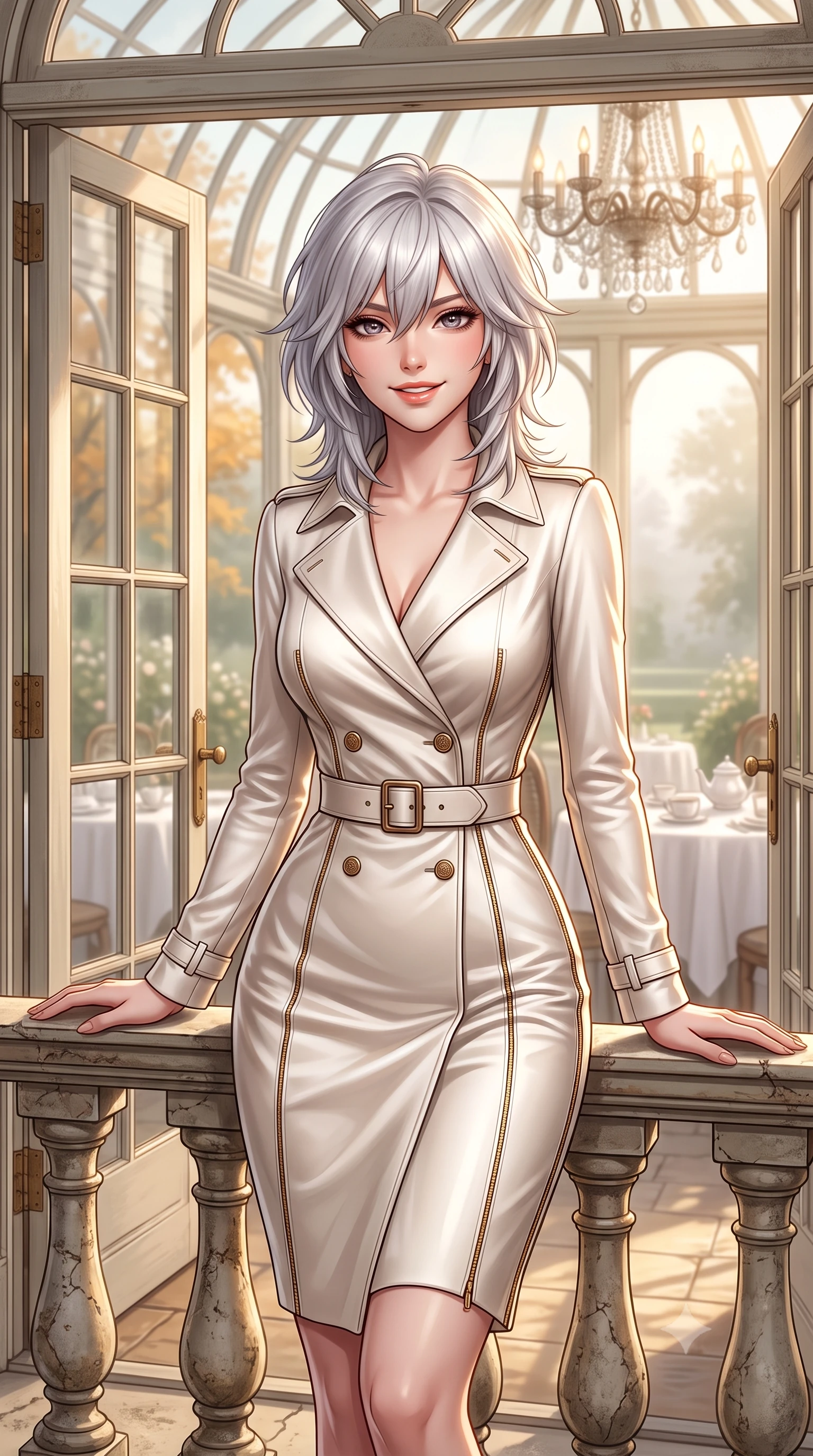 score_9, masterpiece, best quality, ultra-detailed, high-budget anime keyframe, semi-realistic 3D game render, editorial fashion photography, tasteful artistic composition, Japanese woman. close-up cowboy shot from the waist and thighs up, the character dominates the composition, filling the frame with her large presence. resting both elbows on the balustrade while leaning forward gracefully, her smile sparkling with youthful cute charm and seductive allure while leaning against the ornate French double doors looking out toward Kensington Gardens with a serene, captivating expression. The background shows a soft-focus antique crystal chandelier and white linen tea tables softened in royal afternoon tea shallow focus. She has an exceptionally elegant, slender, and willowy female figure with an ultra-slim waist, flat toned midriff, narrow ribcage, and sculpted feminine hips creating an alluring, slim hourglass silhouette without bulk. sharp v-shaped jawline, high-bridge nose, intricate jewel-like sparkling eyes with depth, thick eyelashes, glossy parted lips with a natural peach sheen, bright cheerful beaming smile with an enchanting and coquettish sensual glint, exuding both youthful cute charm and seductive allure, flawlessly proportioned anatomical accuracy, strict slender model proportions, natural body alignment, perfectly sculpted long slender limbs, ultra-slim waistline, clean dynamic posture without body distortion. wearing a liquid-tight double-breasted tailored trench dress cinched firmly with a leather buckle belt to accentuate her hourglass curves in Swiss alpine snow white and oat cashmere, crafted from lustrous liquid satin crepe that drapes in body-clinging ripples catching ambient lights, featuring fine gold zipper details tracing the vertical spine and contour seams, the second-skin tailored fabric adhering flawlessly to her sculpted flat midriff and slender torso, emphasizing her long leg lines and perfectly proportioned willowy build. bathed in warm 3200K autumn sunlight streaming through floor-to-ceiling arched south-facing conservatory windows. highly saturated vibrant anime colors, detailed shading with soft gradients, rich glossy textures, high-contrast stereoscopic depth, volumetric dynamic lighting, master piece, 9:16 ratio