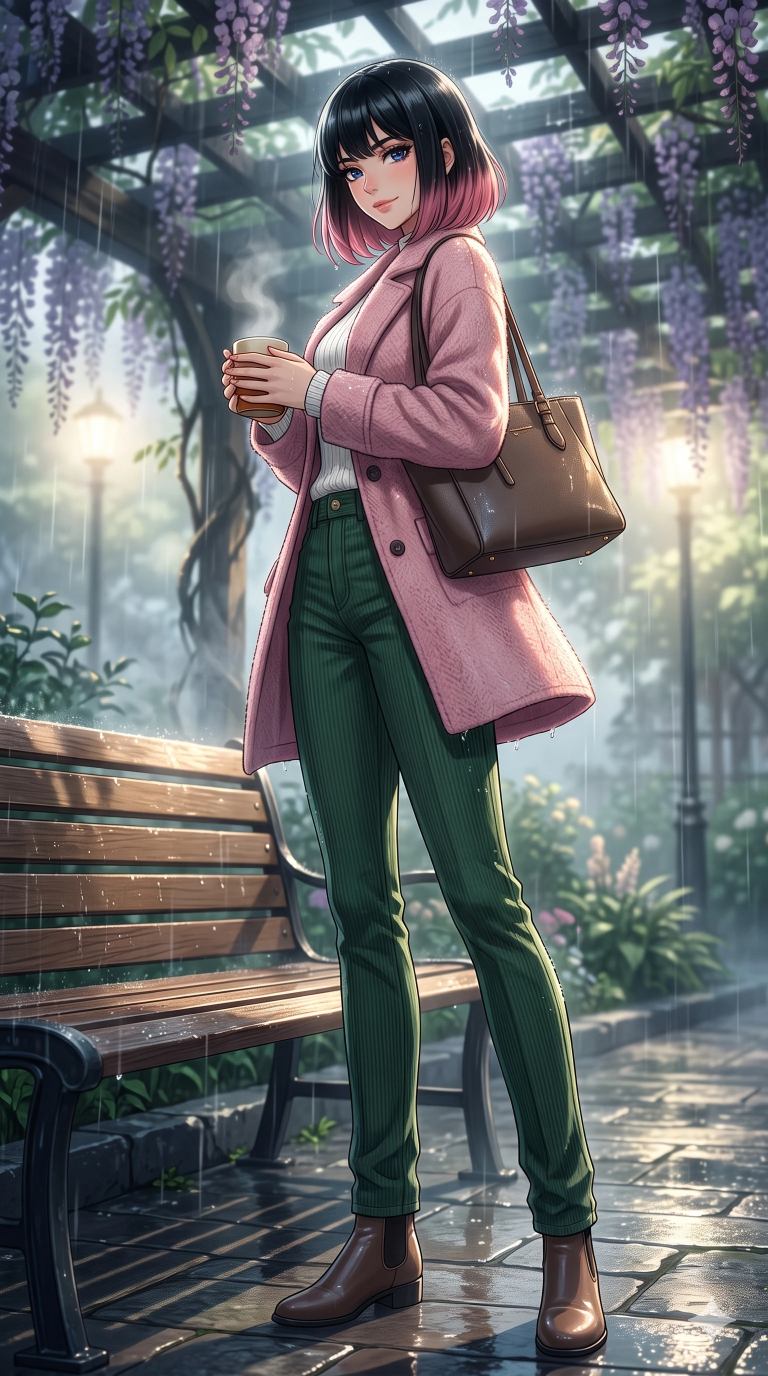 score_9, masterpiece, best quality, ultra-detailed, high-budget anime keyframe, vibrant anime aesthetic, Korean woman. low angle full-body shot from head to toe showing her feet, filling the entire 9:16 vertical frame with her statuesque presence, stretching her vertical silhouette. She is holding a warm mug of tea, looking at the camera with a gentle smile, looking over her shoulder at the camera surrounded by fresh morning mist. on a wooden bench under a wisteria trellis in a quiet courtyard garden during a gentle afternoon rain (Code-P22-035). She has an absolutely perfect 8-heads proportion, an exceptionally tall and slender female figure with impossibly long slender legs and an ultra-slim waist. V-shaped jawline, high-bridge nose, intricate jewel-like eyes with depth, thick eyelashes, glossy lips with a natural sheen. wearing a cozy woolen coat in pastel pink over a white knit top and fitted corduroy pants with a designer bag. She is lit by dramatic, high-contrast streetlights casting long shadows in the rain, adding depth to her jewel-like eyes during a refreshing sun shower. 2k, ultra detail, master piece, 9:16 ratio