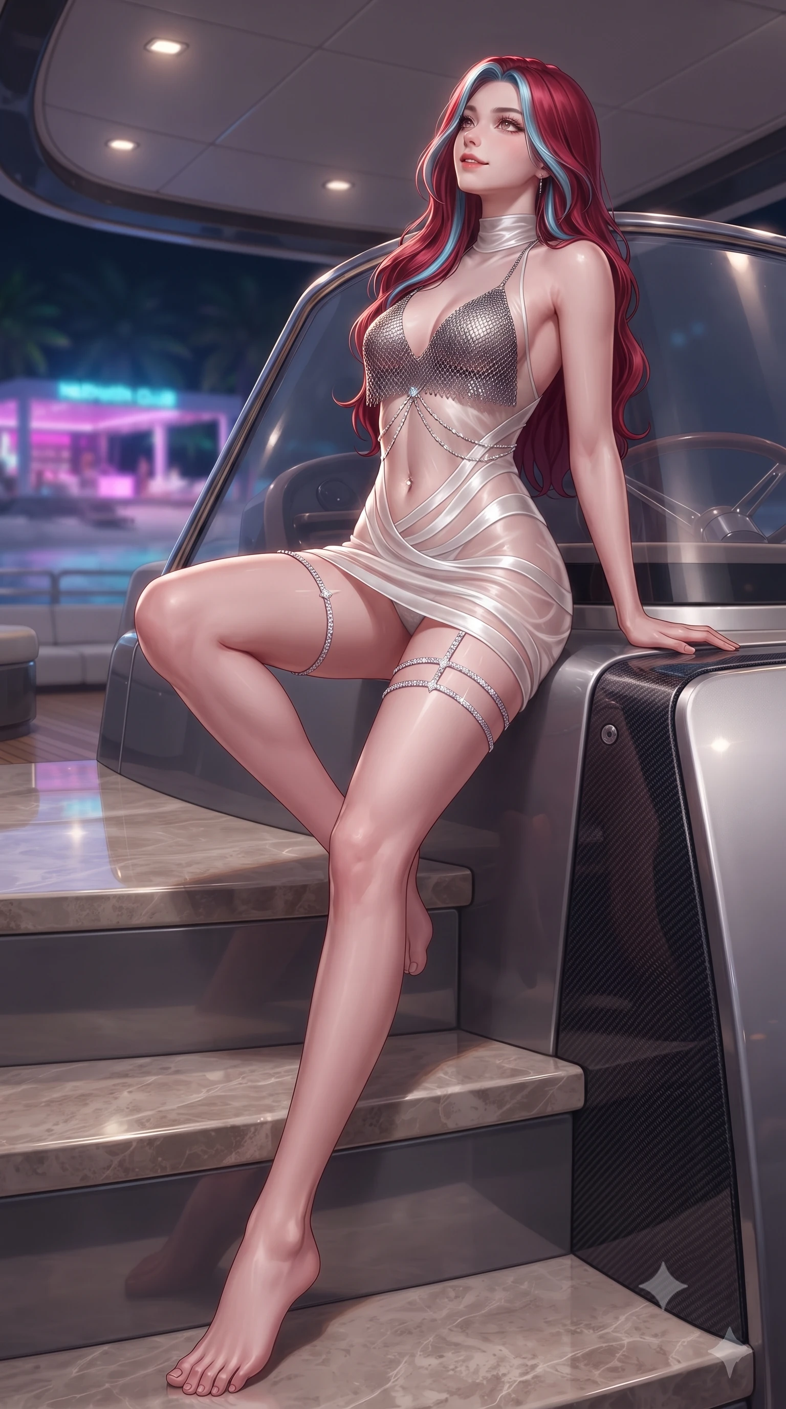 score_9, masterpiece, best quality, ultra-detailed, high-budget anime keyframe, editorial fashion photography, tasteful artistic composition, Caucasian woman. low angle full-body shot from head to toe showing her feet, filling the entire 9:16 vertical frame with her statuesque presence, stretching her vertical silhouette. sitting poised on the stone steps with one knee bent, arching her spine with supermodel elegance as she glances upward through thick eyelashes while leaning against the curved flybridge acrylic windscreen with hips cocked back, looking over a bare shoulder toward the neon-lit beach club. The surrounding environment is rendered in vivid detail and crisp panoramic clarity: detailed metallic chainmail halter top shine, diamond belly chain sparkle, and luxury yacht engineering in razor-sharp precision. She has an absolutely perfect, statuesque 8.5-heads proportion, an exceptionally tall and slender model-like female figure with impossibly long slender legs, an ultra-slim waist, a flat toned midriff, narrow delicate ribcage, and beautifully sculpted feminine hips creating a graceful, slim hourglass silhouette without any bulky heaviness. sharp v-shaped jawline, high-bridge nose, sparkling eyes with hypnotic seductive depth, thick curled eyelashes, glossy parted lips with a natural dewy peach sheen, alluring bedroom-eyes with an enchanting coquettish smile, exuding magnetic siren charisma and sophisticated glamour, flawlessly proportioned anatomical accuracy, strict slender model proportions, natural body alignment, perfectly sculpted long slender limbs, ultra-slim waistline, clean dynamic posture without body distortion. wearing a provocative high-neck sheer illusion cocktail dress with liquid satin ribbons contouring her curves in pure pearl alabaster with platinum sheen, crafted from fluid liquid silk satin that clings smoothly to every curve with a dewy sheen, finished with delicate crystal-encrusted thigh garter straps glinting in the dim light, the liquid-tight tailored fabric clinging flawlessly to her narrow waist and rounded feminine hips, emphasizing every millimeter of her sculpted slim hourglass curves without any bulky heaviness. illuminated by high-gloss deck reflections and sharp magenta-gold rim lights sculpting her jawline, flat midriff, and voluptuous hip curves. ultra-reflective glossy finish, specular highlights, rich textural contrasts, high-contrast stereoscopic depth, volumetric dynamic lighting, 2k, ultra detail, master piece, 9:16 ratio