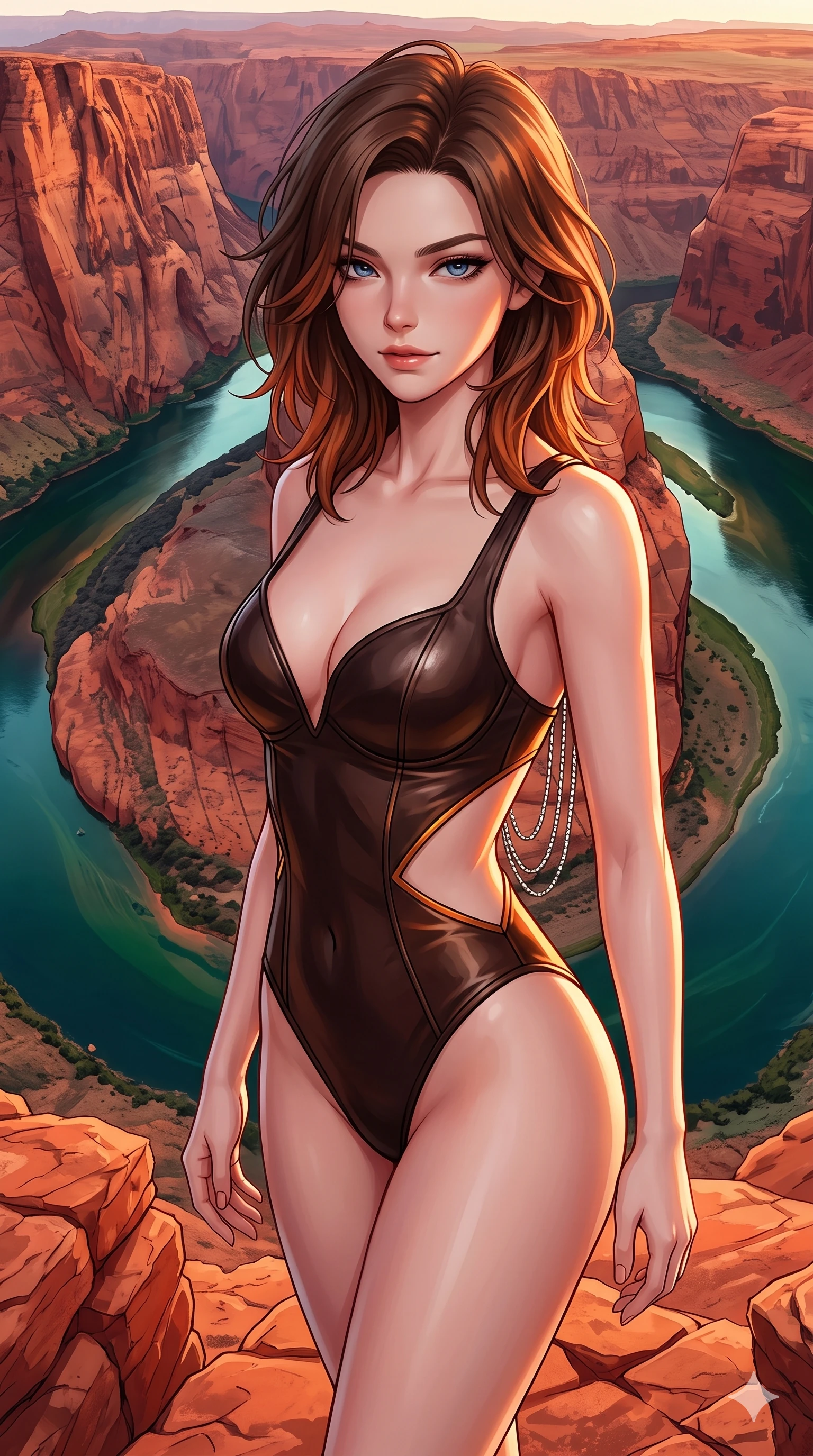 score_9, masterpiece, best quality, ultra-detailed, high-budget anime keyframe, semi-realistic 3D game render, editorial fashion photography, tasteful artistic composition, Korean woman. close-up cowboy shot from the waist and thighs up, the character dominates the composition, filling the frame with her large presence. leaning forward while arching her lower back to accentuate her curvy hips, looking into the camera with an intoxicating smoldering gaze and bedroom-eyes while standing poised inches from the sheer 1000-foot sandstone cliff drop, arching her lower back with sovereign supermodel grace as the emerald river loops majestically below. The surrounding environment is rendered in vivid detail and crisp panoramic clarity: sharp red Navajo sandstone cross-bedding lines, river rapid water ripples below, and cliff edge fractures in deep focus. She has an exceptionally elegant, slender, and willowy female figure with an ultra-slim waist, flat toned midriff, narrow ribcage, and sculpted feminine hips creating an alluring, slim hourglass silhouette without bulk. sharp v-shaped jawline, high-bridge nose, sparkling eyes with hypnotic seductive depth, thick curled eyelashes, glossy parted lips with a natural dewy peach sheen, alluring bedroom-eyes with an enchanting coquettish smile, exuding magnetic siren charisma and sophisticated glamour, flawlessly proportioned anatomical accuracy, strict slender model proportions, natural body alignment, perfectly sculpted long slender limbs, ultra-slim waistline, clean dynamic posture without body distortion. wearing a plunging sweetheart neckline leatherette bustier with side-waist diamond cutouts contouring her ribcage in dark espresso leather and warm amber highlights, tailored from buttery-soft glove lambskin leather clinging smoothly to her narrow waist and rounded hips, accented with an open-back drape framed by falling strands of delicate chrome chains, the impeccably tailored cut draping gracefully along her slender figure with aristocratic western poise. illuminated by red rock canyon bounce and sharp emerald-terracotta rim lights sculpting her razor-sharp jawline, narrow waist, and curvy hips. highly saturated vibrant anime colors, detailed shading with soft gradients, rich glossy textures, high-contrast stereoscopic depth, volumetric dynamic lighting, master piece, 9:16 ratio