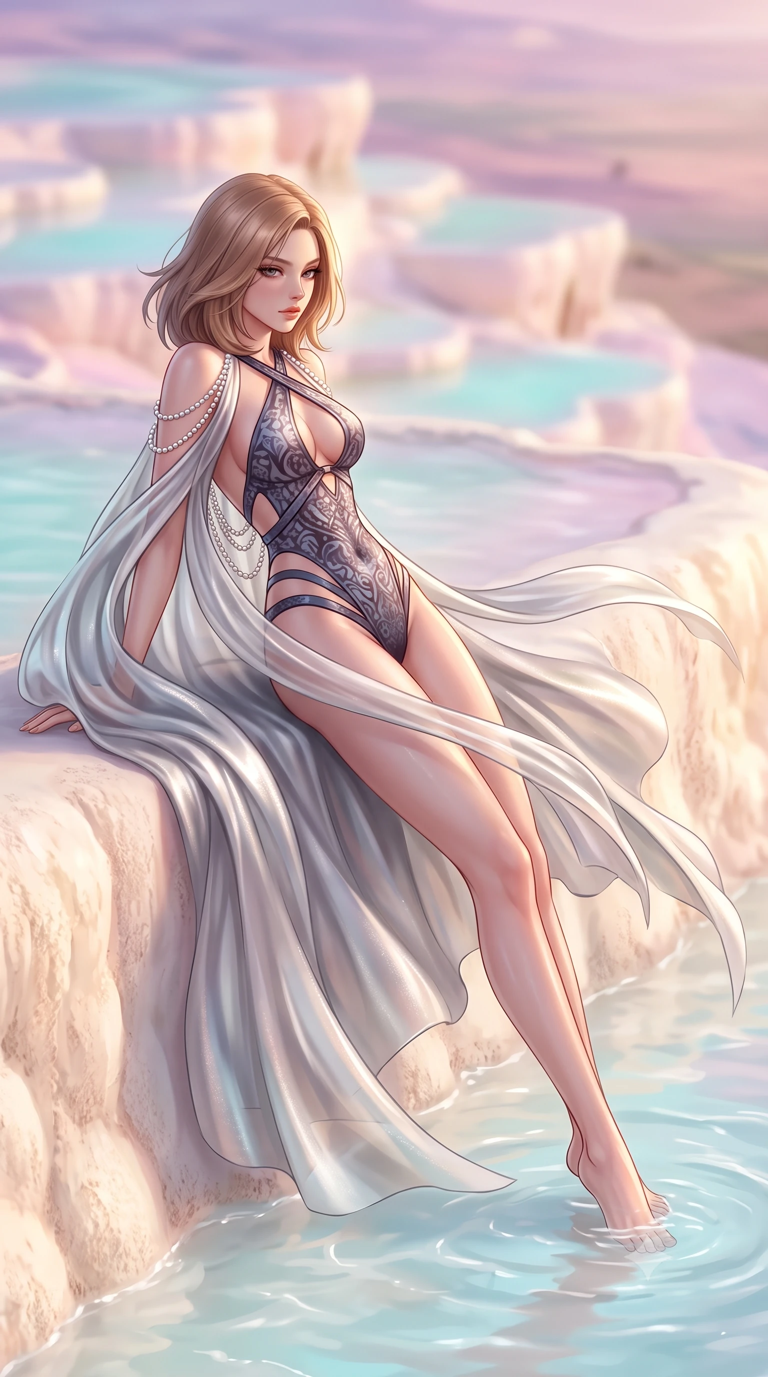 score_9, masterpiece, best quality, ultra-detailed, high-budget anime keyframe, semi-realistic 3D game render, editorial fashion photography, tasteful artistic composition, Korean woman. low angle full-body shot from head to toe showing her feet, filling the entire 9:16 vertical frame with her statuesque presence, stretching her vertical silhouette. executing an elegant mid-motion pivot turn as garments swirl around her slender limbs, glancing over her shoulder with an intoxicating bedroom-gaze while reclining back against the warm white calcium terrace wall with hips cocked, mineral water lapping gently around her flat midriff and long slender legs. The composition keeps background elements in soft focus with creamy bokeh. cascading tiered milky-cyan mineral pools and vast Anatolian plains blurred into pastel pink, lavender, and opalescent turquoise bokeh. She has an exceptionally tall and slender model-like 8.5-heads proportion, an ultra-slim waist, a flat toned midriff, narrow delicate ribcage, and beautifully sculpted feminine hips creating a graceful, slim hourglass silhouette without any bulky heaviness, with impossibly long slender legs. sharp v-shaped jawline, high-bridge nose, intricate jewel-like eyes with depth, thick eyelashes, glossy parted lips with a natural sheen, intensely captivating and seductive bedroom-eyes expression, flawlessly proportioned anatomical accuracy, strict slender model proportions, natural body alignment, perfectly sculpted long slender limbs, ultra-slim waistline, clean dynamic posture without body distortion. wearing a desert queen monokini with crossed chest straps and high-cut hip bands, worn under a sweeping organza cape in shimmering silver mercury and pearl white, tailored from ultra-smooth duchess satin with a pearlescent sheen, accented with a multi-strand pearl back necklace cascading down her bare spine to her hips, the form-contouring material adhering flawlessly to her sculpted flat midriff and slender torso, emphasizing her long leg lines and perfectly proportioned willowy build. bathed in glorious golden hour sunset backlighting and intense white travertine mineral bounce fill. highly saturated vibrant anime colors, detailed shading with soft gradients, rich glossy textures, high-contrast stereoscopic depth, volumetric dynamic lighting, master piece, 9:16 ratio