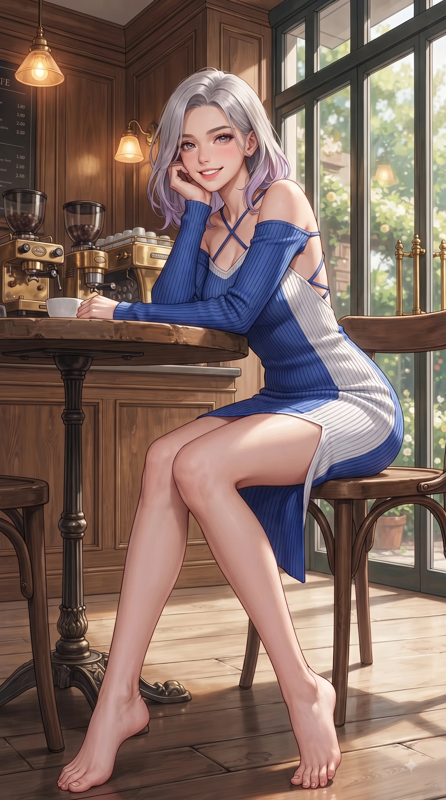 score_9, masterpiece, best quality, ultra-detailed, high-budget anime keyframe, editorial fashion photography, tasteful artistic composition, Caucasian woman. low angle full-body shot from head to toe showing her feet, filling the entire 9:16 vertical frame with her statuesque presence, stretching her vertical silhouette. performing a cheerful mid-motion turn with flawless poise, her radiant smile capturing fresh girlhood energy while resting her chin playfully on her hand at a rustic wooden table with a sweet smile. The surrounding environment is rendered in vivid detail and crisp panoramic clarity. rich oak wood wall paneling, brass coffee machines, and glass window views in sharp resolution. She has an absolutely perfect, statuesque 8.5-heads proportion, an exceptionally tall and slender model-like female figure with impossibly long slender legs and an ultra-slim waist. sharp v-shaped jawline, high-bridge nose, intricate jewel-like eyes with depth, thick eyelashes, glossy lips with a natural sheen, flawlessly proportioned anatomical accuracy, natural body alignment, perfectly sculpted elegant limbs, clean dynamic posture without body distortion. wearing a sleek off-shoulder ribbed knit dress accentuating her graceful collarbones and slender waist in vibrant cobalt blue and crisp snow white, crafted from lightweight fluid chiffon, finished with delicate criss-cross back straps highlighting her bare shoulders, the form-contouring material highlighting her ultra-slim waist and long lines. illuminated by soft glowing amber indoor lamps and natural garden reflections. ultra-reflective glossy finish, specular highlights, metallic sheen, high-contrast stereoscopic depth, volumetric dynamic lighting, 2k, ultra detail, master piece, 9:16 ratio