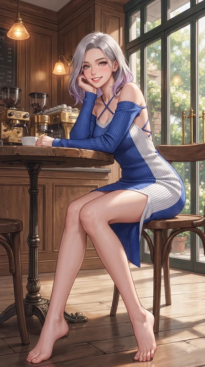 score_9, masterpiece, best quality, ultra-detailed, high-budget anime keyframe, editorial fashion photography, tasteful artistic composition, Caucasian woman. low angle full-body shot from head to toe showing her feet, filling the entire 9:16 vertica