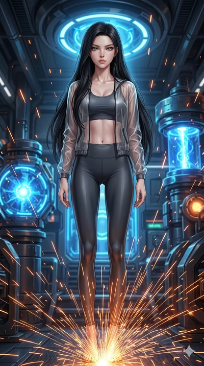 score_9, masterpiece, best quality, ultra-detailed, Set A: Photorealistic 8k CG, Japanese woman. Low angle cowboy shot filling the entire 9:16 frame with her statuesque presence. Standing in a fountain of sparks inside a high-tech engine room with bl