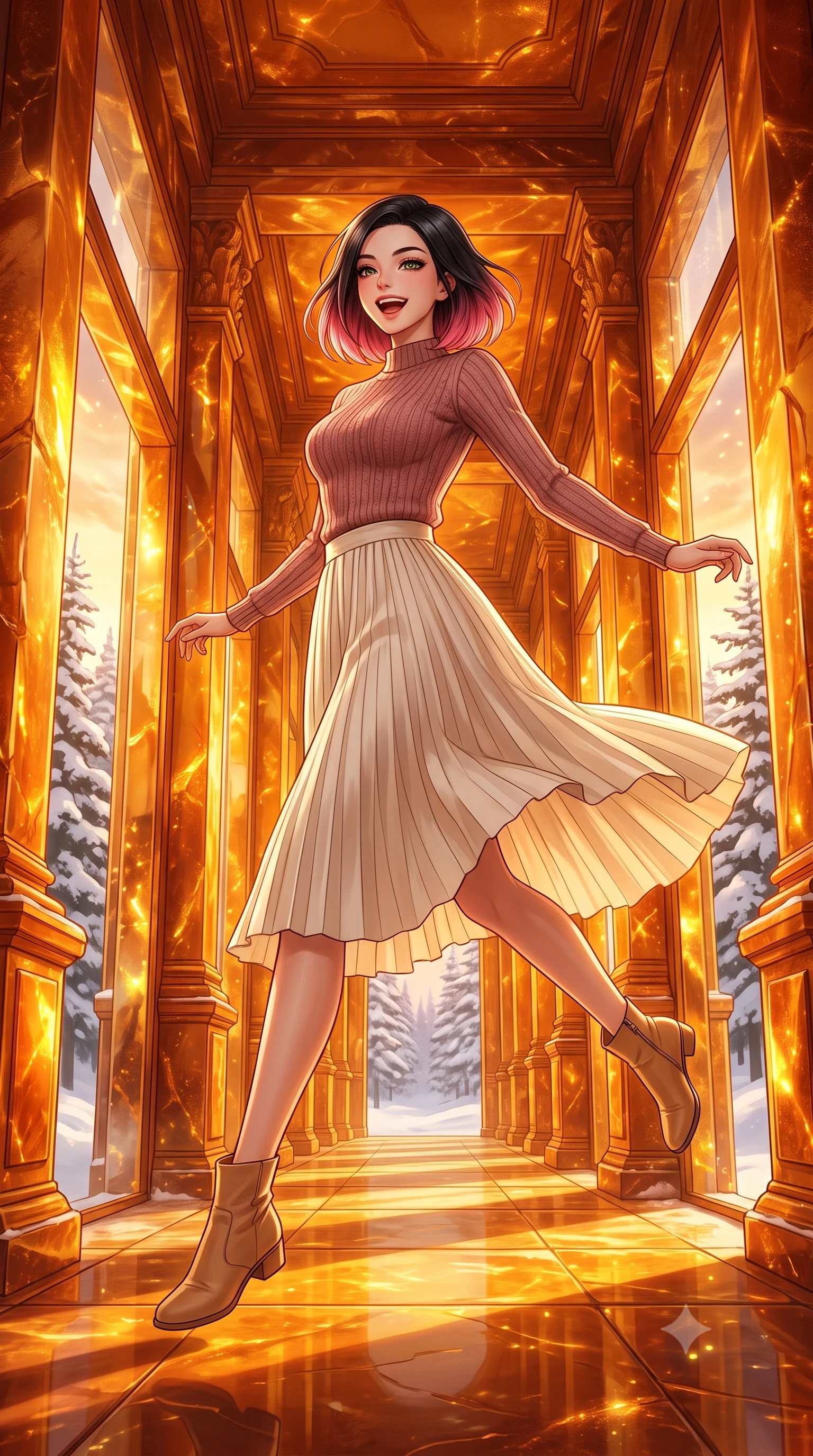score_9, masterpiece, best quality, ultra-detailed, high-budget anime keyframe, editorial fashion photography, tasteful artistic composition, Korean woman. low angle full-body shot from head to toe showing her feet, filling the entire 9:16 vertical frame with her statuesque presence, stretching her vertical silhouette. leaping gracefully with a bright, joyful laugh through standing inside a grand corridor of a palace made entirely of warm fossilized amber in a snowy pine mountain valley, glowing from within during a winter sunset. She has a statuesque 8.5-heads proportion, an exceptionally tall, slender and willowy model-like build with impossibly long legs and a highly sculpted ultra-slim waist. sharp v-shaped jawline, high-bridge nose, intricate jewel-like eyes with depth, thick eyelashes, glossy lips with a natural sheen. wearing a tight-fit dusty rose ribbed knit sweater paired with a flowing ivory pleated midi skirt and tan ankle boots. warm golden sunset rays reflecting off the polished amber columns, creating deep honey-colored shadows. 2k, ultra detail, master piece, 9:16 ratio