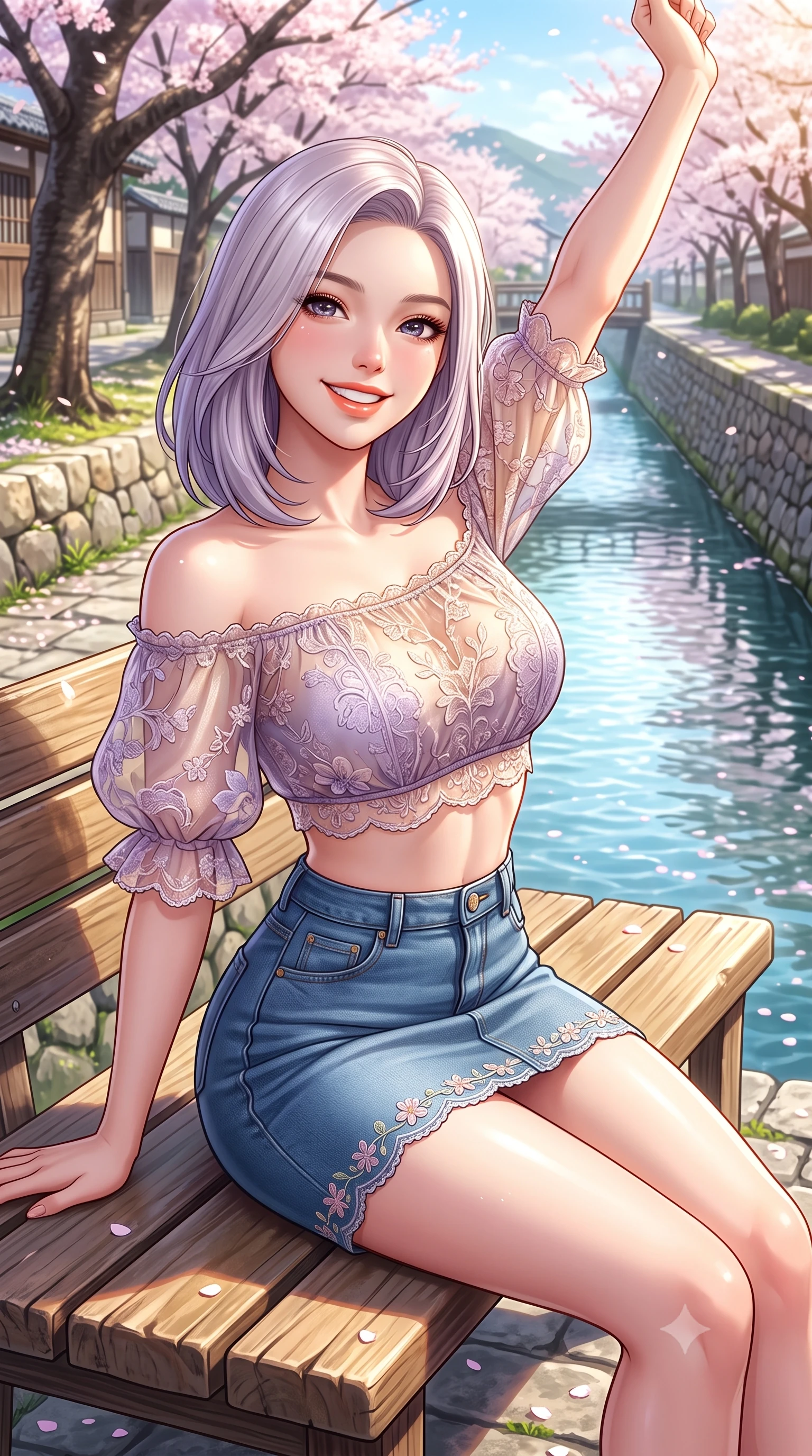 score_9, masterpiece, best quality, ultra-detailed, high-budget anime keyframe, semi-realistic 3D game render, editorial fashion photography, tasteful artistic composition, Caucasian woman. close-up cowboy shot from the waist and thighs up, the character dominates the composition, filling the frame with her large presence. playfully stretching one arm overhead toward the sun, her radiant smile capturing fresh girlhood charm while her arched torso reveals an intoxicating hip contour while sitting on a sunlit wooden bench beside the canal, her form-hugging outfit accentuating her narrow waist and curvy hips in the spring breeze. The surrounding environment is rendered in vivid detail and crisp panoramic clarity. detailed silk dress drape, soft sun glints on skin, and Philosopher's Path landscape clarity in high resolution. She has an exceptionally elegant, slender, and willowy female figure with an ultra-slim waist, flat toned midriff, narrow ribcage, and sculpted feminine hips creating an alluring, slim hourglass silhouette without bulk. sharp v-shaped jawline, high-bridge nose, intricate jewel-like sparkling eyes with depth, thick eyelashes, glossy parted lips with a natural peach sheen, bright cheerful beaming smile with an enchanting and coquettish sensual glint, exuding both youthful cute charm and seductive allure, flawlessly proportioned anatomical accuracy, strict slender model proportions, natural body alignment, perfectly sculpted long slender limbs, ultra-slim waistline, clean dynamic posture without body distortion. wearing an off-shoulder puff-sleeve crop blouse with a tight high-waisted denim A-line mini skirt emphasizing her curvy hips in soft lilac and champagne shimmer, made of sheer contouring stretch lace with delicate floral patterns, complemented by delicate embroidered floral trim along the hem, the glove-like silhouette tightly following the natural contour of her hips and long slender legs with youthful 8.5-heads elegance. illuminated by calm water reflections sharply sculpting her sculpted cheekbones, ultra-slim waist, and curvy hips. highly saturated vibrant anime colors, detailed shading with soft gradients, rich glossy textures, high-contrast stereoscopic depth, volumetric dynamic lighting, master piece, 9:16 ratio