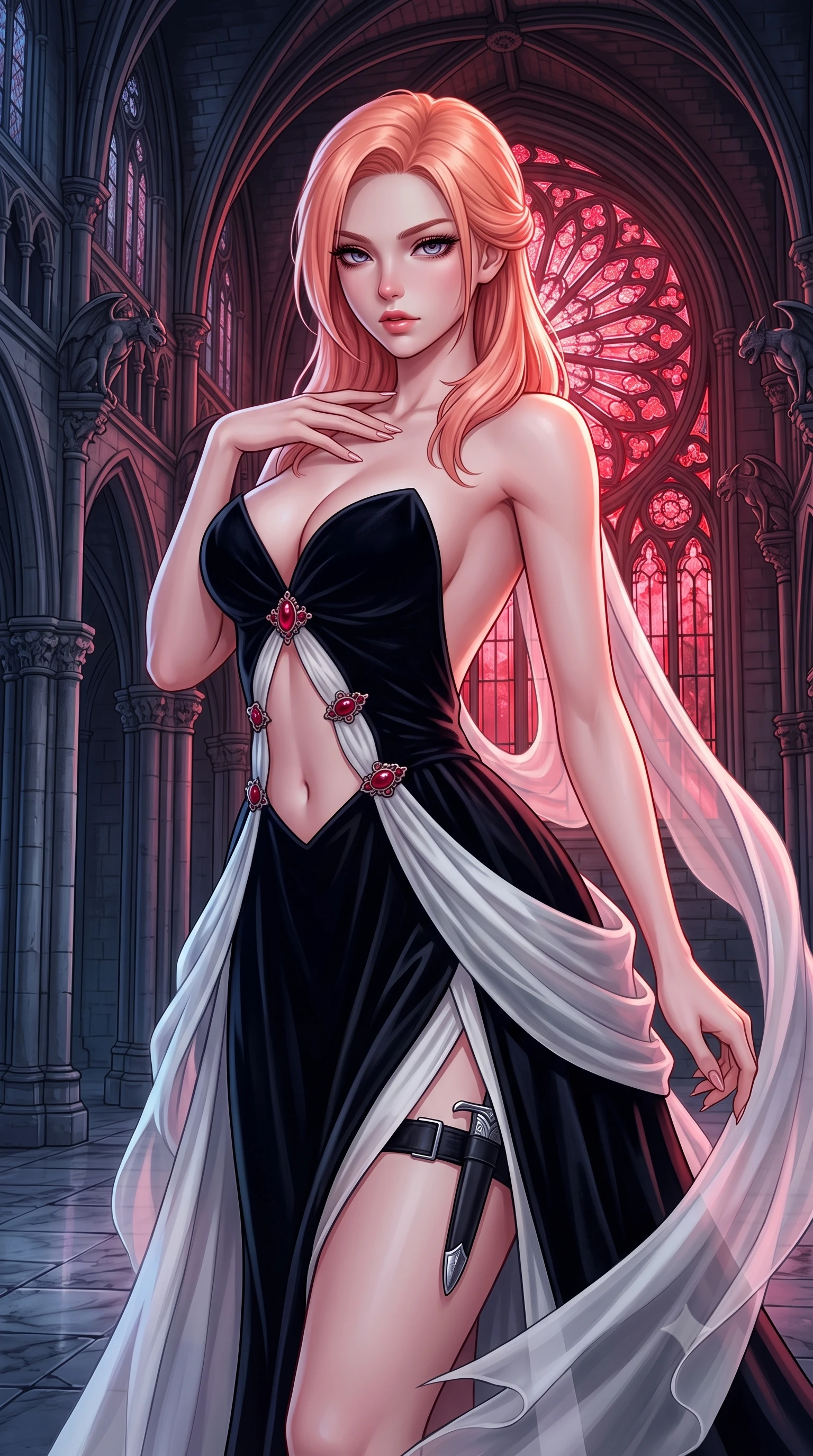 score_9, masterpiece, best quality, ultra-detailed, high-budget anime keyframe, semi-realistic 3D game render, editorial fashion photography, tasteful artistic composition, Japanese woman. close-up cowboy shot from the waist and thighs up, the character dominates the composition, filling the frame with her large presence. resting one manicured hand delicately on her bare collarbone, her upper body twisting in a fluid, voluptuous yet slender curve while arching her back in an alluring dance-like pause as moonlight pours through a colossal rose stained-glass window. The surrounding environment is rendered in vivid detail and crisp panoramic clarity. intricate stone rib vaulting, gothic gargoyle carvings, and cold marble flagstone textures in deep focus. She has an exceptionally elegant, slender, and willowy female figure with an ultra-slim waist, a gracefully sculpted slender torso, toned flat midriff, and a refined slim silhouette. sharp v-shaped jawline, high-bridge nose, intricate jewel-like eyes with depth, thick eyelashes, glossy parted lips with a natural sheen, intensely captivating and seductive expression, flawlessly proportioned anatomical accuracy, strict slender model proportions, natural body alignment, perfectly sculpted long slender limbs, ultra-slim waistline, clean dynamic posture without body distortion. wearing a deep sweetheart neckline velvet ballgown with an exposed midriff cutout framed by ruby clasps in high-contrast black velvet and pearl white, woven from layered gossamer chiffon with a weightless sweeping drape, equipped with a concealed dagger sheath garter under her slit skirt, the dramatically scooped open back descending to the base of her spine, accentuating her razor-sharp statuesque lines and slim hourglass silhouette. bathed in surreal blood-red lunar eclipse backlighting and cool silver ambient fill. highly saturated vibrant anime colors, detailed shading with soft gradients, rich glossy textures, high-contrast stereoscopic depth, volumetric dynamic lighting, master piece, 9:16 ratio