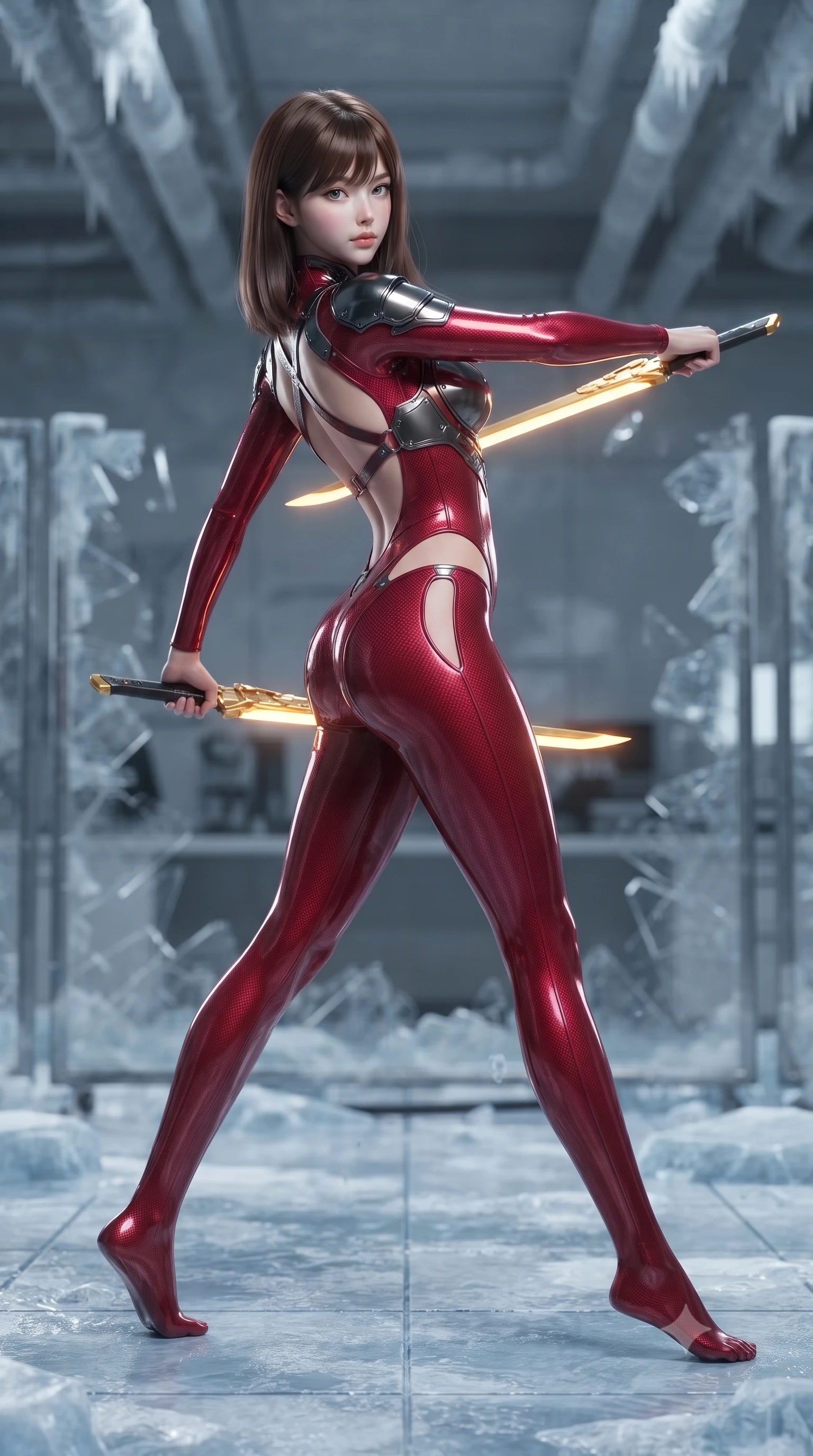 score_9, masterpiece, best quality, ultra-detailed, high-budget anime keyframe, editorial fashion photography, tasteful artistic composition, Korean woman. low angle full-body shot from head to toe showing her feet, filling the entire 9:16 vertical frame with her statuesque presence, stretching her vertical silhouette. arching her spine in a fluid zero-gravity combat turn with sovereign grace, her long slender legs and sculpted torso creating a sweeping line of power while stepping across ice-slicked laboratory tiles with spear balanced horizontally, radiating sovereign arctic composure. The composition keeps background elements in soft focus with creamy bokeh. shattered security barriers and overhead frosted conduits softened in quiet atmospheric focus. She has an absolutely perfect, statuesque 8.5-heads proportion, an exceptionally tall and slender model-like female figure with impossibly long slender legs, a toned flat midriff, and an ultra-slim waist. sharp v-shaped jawline, high-bridge nose, intricate jewel-like eyes with depth, thick eyelashes, glossy lips with a natural sheen, flawlessly proportioned anatomical accuracy, strict slender model proportions, natural body alignment, perfectly sculpted long slender limbs, ultra-slim waistline, clean dynamic posture without body distortion. wearing a skin-tight crimson carbon-weave combat leotard with metallic dark chrome plating and hip-accentuating cutouts, holding twin glowing high-frequency vibro-blades with effortless supermodel poise in arctic white carbon composite with radiant solar gold plating, crafted from ultra-strong woven carbon-fiber composite with a satin luster, complemented by criss-cross back harness straps highlighting her completely bare spine, the liquid-tight tailored fabric emphasizing every curve of her tall, slender model proportions and sculptured silhouette during dynamic movement. illuminated by crisp specular ice refractions outlining her ultra-slim waist, long legs, and flat midriff. ultra-reflective glossy finish, specular highlights, dark metallic sheen, high-contrast stereoscopic depth, volumetric dynamic lighting, 2k, ultra detail, master piece, 9:16 ratio