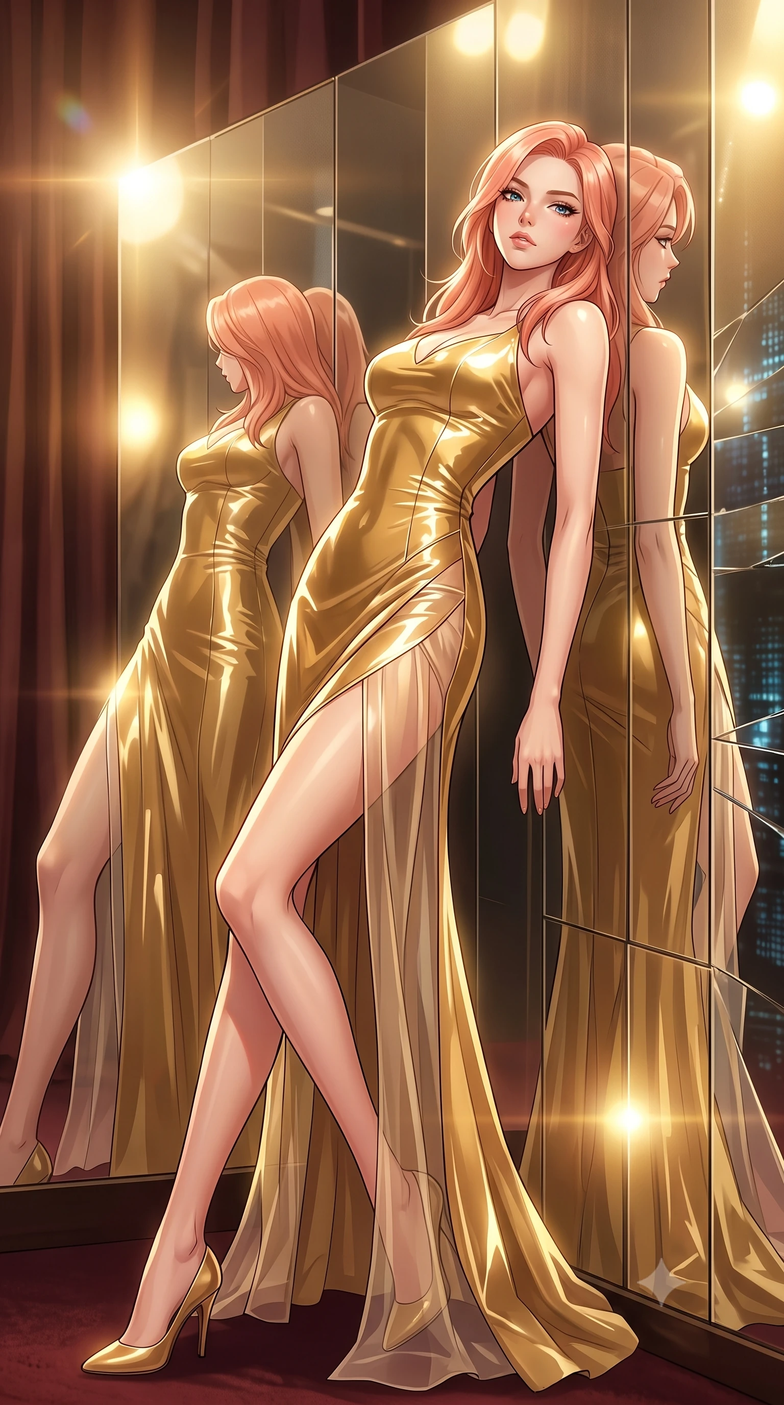 score_9, masterpiece, best quality, ultra-detailed, High-budget Anime Keyframe, East Asian woman. Dynamic full-body shot stretching the vertical silhouette to the limit. Scenario 302: leaning back against a wall of virtual mirrors in a velvet-lined dressing room illuminated by soft golden spotlights. Her presence is magnetic and overpowering in this high-budget anime scene. Outfit 302: a slim-fit patent leather gold with a thigh-high slit and translucent layers. The clothing is designed to emphasize her exceptionally tall and slender 8-heads proportion. 8-heads proportion, towering silhouette, ultra-slim waist. sharp v-shaped jawline, intricate jewel-like eyes with depth, thick eyelashes, glossy lips. 2k, ultra detail, master piece, 9:16 ratio
