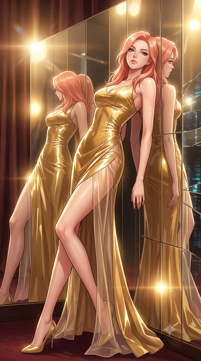 score_9, masterpiece, best quality, ultra-detailed, High-budget Anime Keyframe, East Asian woman. Dynamic full-body shot stretching the vertical silhouette to the limit. Scenario 302: leaning back against a wall of virtual mirrors in a velvet-lined d