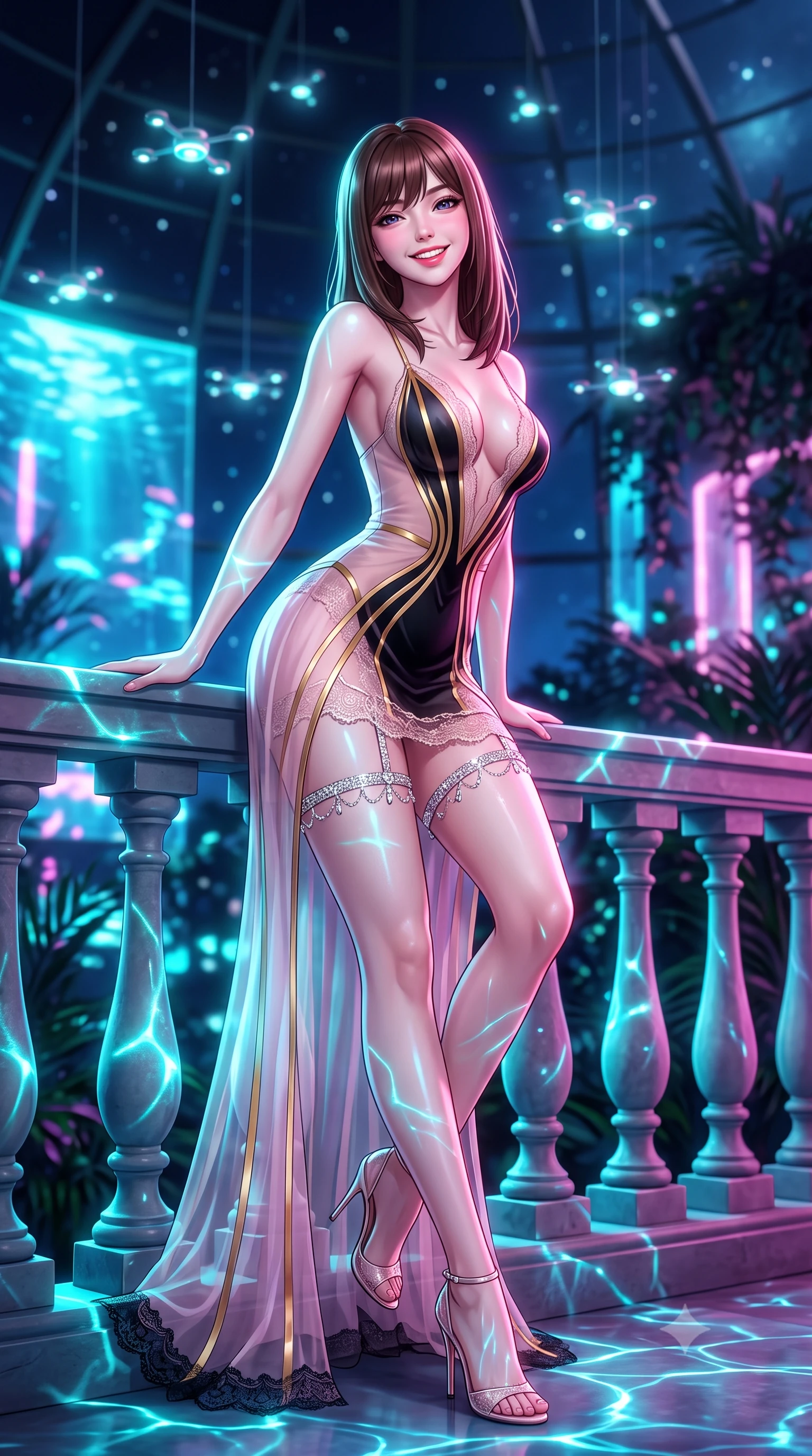 score_9, masterpiece, best quality, ultra-detailed, high-budget anime keyframe, semi-realistic 3D game render, editorial fashion photography, tasteful artistic composition, Korean woman. low angle full-body shot from head to toe showing her feet, filling the entire 9:16 vertical frame with her statuesque presence, stretching her vertical silhouette. leaning deep against the balcony balustrade with hips cocked back in an unapologetically alluring high-fashion stance, casting an intoxicating glance while twisting her slender torso in an alluring contrapposto stance, shimmering cyan laser caustics and bioluminescent waves tracing her narrow waist and hips. The background shows a soft-focus suspended glowing micro-drone lights softened in futuristic solarium shallow focus. She has an exceptionally tall and slender model-like 8.5-heads proportion, an ultra-slim waist, a flat toned midriff, narrow delicate ribcage, and beautifully sculpted feminine hips creating a graceful, slim hourglass silhouette without any bulky heaviness, with impossibly long slender legs. sharp v-shaped jawline, high-bridge nose, intricate jewel-like sparkling eyes with depth, thick eyelashes, glossy parted lips with a natural peach sheen, bright cheerful beaming smile with an enchanting and coquettish sensual glint, exuding both youthful cute charm and seductive allure, flawlessly proportioned anatomical accuracy, strict slender model proportions, natural body alignment, perfectly sculpted long slender limbs, ultra-slim waistline, clean dynamic posture without body distortion. wearing a plunge-front sheer illusion tulle slip dress with liquid gold ribbon stripes hugging her curves in Kyoto moonlit sakura blush and polished urushi black, made of delicate semi-sheer French Chantilly lace with intricate eyelash edges, finished with delicate crystal-encrusted thigh garter straps glinting in the dim light, the liquid-tight tailored fabric clinging flawlessly to her narrow waist and rounded feminine hips, emphasizing every millimeter of her sculpted slim hourglass curves without any bulky heaviness. bathed in the dramatic cyan-and-magenta ambient of holographic sea projections contrasted with cool starlight. highly saturated vibrant anime colors, detailed shading with soft gradients, rich glossy textures, high-contrast stereoscopic depth, volumetric dynamic lighting, master piece, 9:16 ratio