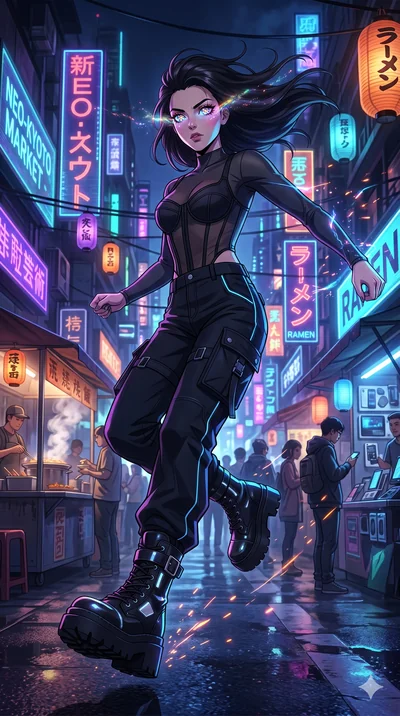 score_9, masterpiece, best quality, ultra-detailed, Set A: High-budget Anime Keyframe, Caucasian (strictly human ears) woman. Low angle cowboy shot filling the entire 9:16 frame with her statuesque presence. Leaping through a futuristic night market,