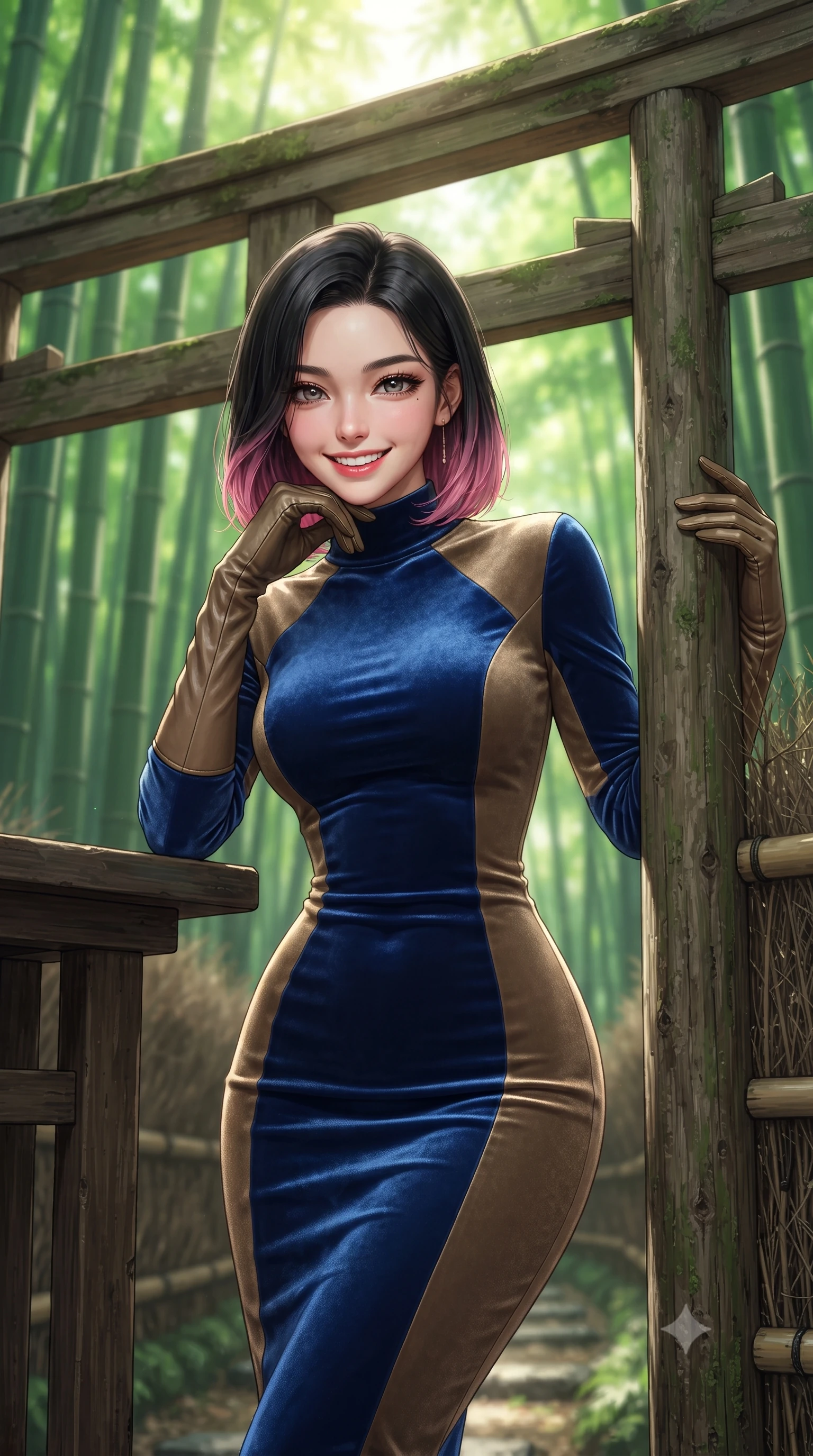 score_9, masterpiece, best quality, ultra-detailed, high-budget anime keyframe, editorial fashion photography, tasteful artistic composition, Korean woman. close-up cowboy shot from the waist and thighs up, the character dominates the composition, filling the frame with her large presence. resting one elbow on the table and supporting her chin, leaning close to the camera with heavy-lidded sparkling eyes and parted lips while pausing beside a weathered wooden torii gate entrance, one hand resting on the cedar post with timeless Kyoto charm. The background shows a soft-focus soaring green bamboo culms stretching toward the canopy, filtered sunbeams (komorebi), and woven bamboo fences blurred into emerald, chartreuse, and jade bokeh. She has an exceptionally elegant, slender, and willowy female figure with an ultra-slim waist, flat toned midriff, narrow ribcage, and sculpted feminine hips creating an alluring, slim hourglass silhouette without bulk. sharp v-shaped jawline, high-bridge nose, intricate jewel-like sparkling eyes with depth, thick eyelashes, glossy parted lips with a natural peach sheen, bright cheerful beaming smile with an enchanting and coquettish sensual glint, exuding both youthful cute charm and seductive allure, flawlessly proportioned anatomical accuracy, strict slender model proportions, natural body alignment, perfectly sculpted long slender limbs, ultra-slim waistline, clean dynamic posture without body distortion. wearing a sleek stretch velvet mock-neck bodycon midi dress with long sleeves contouring her willowy torso and hips in royal sapphire blue and antique brushed bronze, tailored from premium double-knit ponte with sleek sculpting hold and smooth contours, complemented by buttery leather opera gloves tracing her slender arms with sleek polish, the glove-like clinging cut tightly following the natural contour of her hips and long slender legs with youthful 8.5-heads elegance. illuminated by soft green foliage bounce and crisp jade-gold rim lights sculpting her razor-sharp jawline and tall willowy frame. ultra-reflective glossy finish, specular highlights, rich textural contrasts, high-contrast stereoscopic depth, volumetric dynamic lighting, 2k, ultra detail, master piece, 9:16 ratio