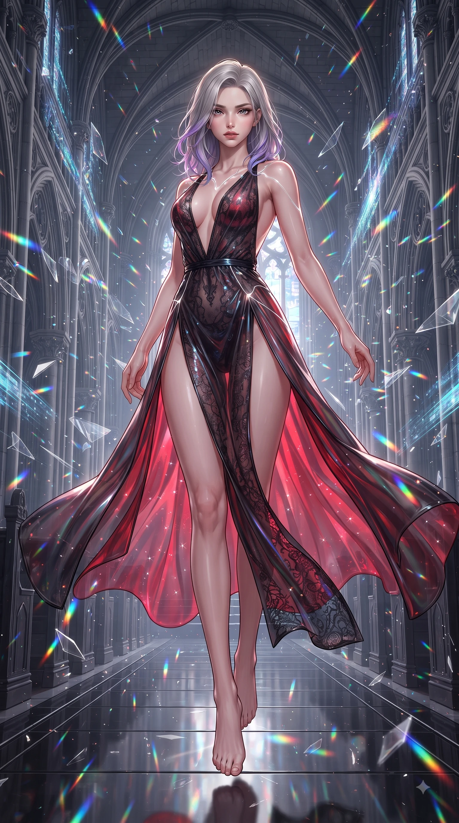 score_9, masterpiece, best quality, ultra-detailed, high-budget anime keyframe, editorial fashion photography, tasteful artistic composition, Caucasian woman. low angle full-body shot from head to toe showing her feet, filling the entire 9:16 vertical frame with her statuesque presence, stretching her vertical silhouette. performing an alluring mid-air vault with flawless poise, looking directly into the camera with smoldering intensity while landing gracefully on a polished cathedral aisle as prismatically refracted neon shards rain down. The surrounding environment is rendered in vivid detail and crisp panoramic clarity. intricate gothic stone archways, razor-sharp glowing glass shard facets, and digital holograms in deep focus. She has an absolutely perfect, statuesque 8.5-heads proportion, an exceptionally tall and slender model-like female figure with impossibly long slender legs and an ultra-slim waist. sharp v-shaped jawline, high-bridge nose, intricate jewel-like eyes with depth, thick eyelashes, glossy lips with a natural sheen, flawlessly proportioned anatomical accuracy, natural body alignment, perfectly sculpted elegant limbs, clean dynamic posture without body distortion. wearing a translucent iridescent chiffon gown with a plunging neckline, high dual thigh slits, and an open back in glossy obsidian black and radiant crimson red, crafted from delicate dark lace interwoven with luminescent micro-fibers, accented with glowing fiber-optic seams tracing her collarbones and hip curves, the sleek aerodynamic cut emphasizing her magnetic presence and alluring physical grace. illuminated by sparkling rainbow prismatic refractions from glass shards and sharp side key lights. ultra-reflective glossy finish, specular highlights, metallic sheen, high-contrast stereoscopic depth, volumetric dynamic lighting, 2k, ultra detail, master piece, 9:16 ratio