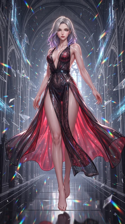 score_9, masterpiece, best quality, ultra-detailed, high-budget anime keyframe, editorial fashion photography, tasteful artistic composition, Caucasian woman. low angle full-body shot from head to toe showing her feet, filling the entire 9:16 vertica