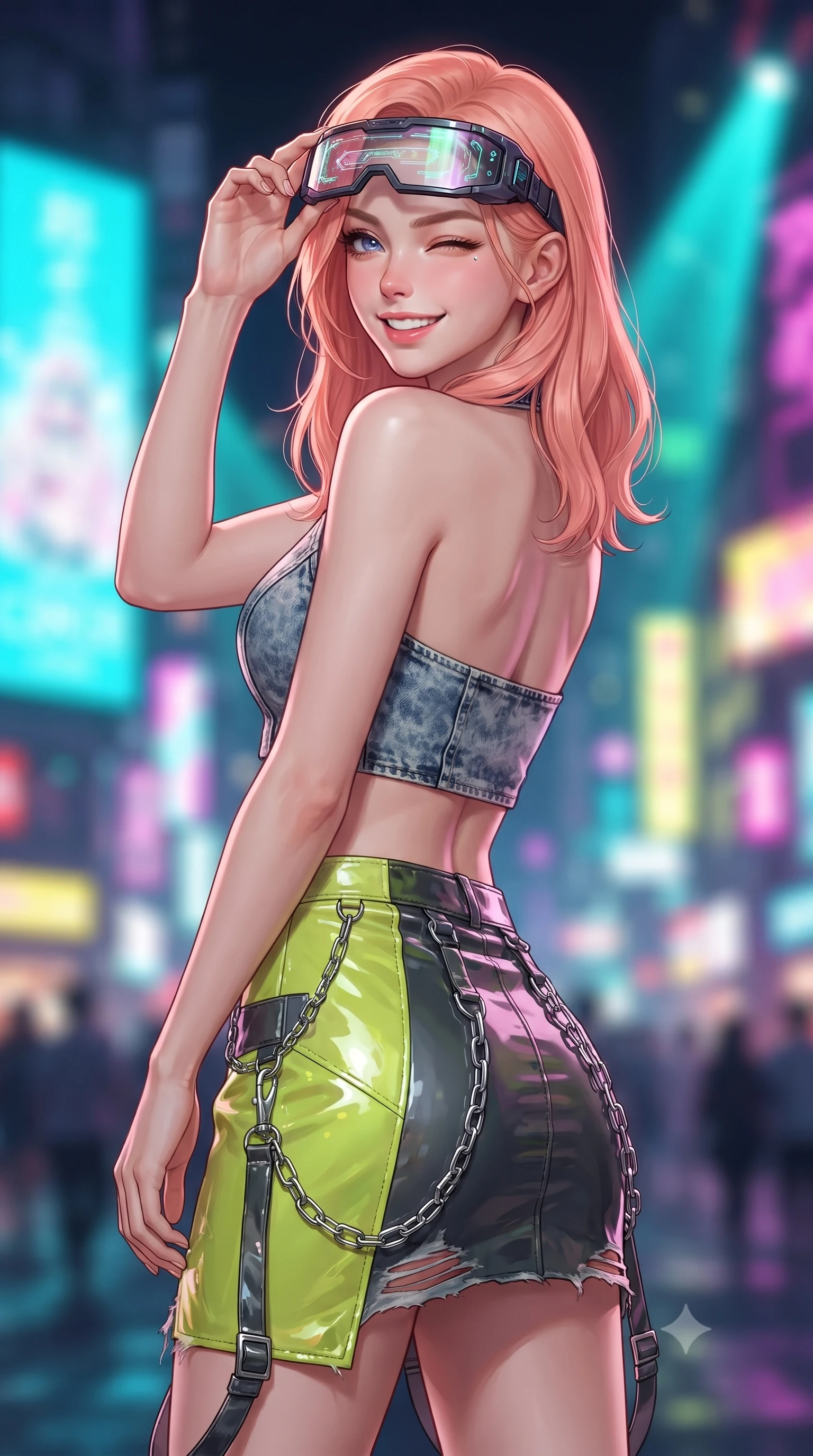 score_9, masterpiece, best quality, ultra-detailed, high-budget anime keyframe, editorial fashion photography, tasteful artistic composition, Japanese woman. close-up cowboy shot from the waist and thighs up, the character dominates the composition, filling the frame with her large presence. turning over her shoulder with an indomitable, smoldering gaze, her soft hair framing her razor-sharp v-shaped jawline while adjusting her futuristic cyber-visor over her brow while casting a bold, playful wink and bright smile into the camera. The composition keeps background elements in soft focus with creamy bokeh. giant holographic neon advertisements and sweeping laser light cones blurred into electric turquoise, lime, and fuchsia bokeh. She has an exceptionally elegant, slender, and willowy female figure with an ultra-slim waist, a gracefully sculpted slender torso, toned flat midriff, and a refined slim silhouette. sharp v-shaped jawline, high-bridge nose, intricate jewel-like eyes with depth, thick eyelashes, glossy lips with a natural sheen, captivating and magnetic expression, flawlessly proportioned anatomical accuracy, strict slender model proportions, natural body alignment, perfectly sculpted long slender limbs, ultra-slim waistline, clean dynamic posture without body distortion. wearing an acid-wash denim halter crop top paired with a distressed asymmetrical micro-mini skirt in acid lime green and dark carbon grey, formed from high-gloss patent leather with sharp specular chiaroscuro, accented with hanging industrial clip straps and chrome chain links, the precision-cut daring openings accentuating her delicate midriff, graceful bare collarbones, and ultra-slim feminine waistline. bathed in flashing RGB strobe lights and glowing holographic billboard backlighting. ultra-reflective glossy finish, specular highlights, rich textural contrasts, high-contrast stereoscopic depth, volumetric dynamic lighting, 2k, ultra detail, master piece, 9:16 ratio