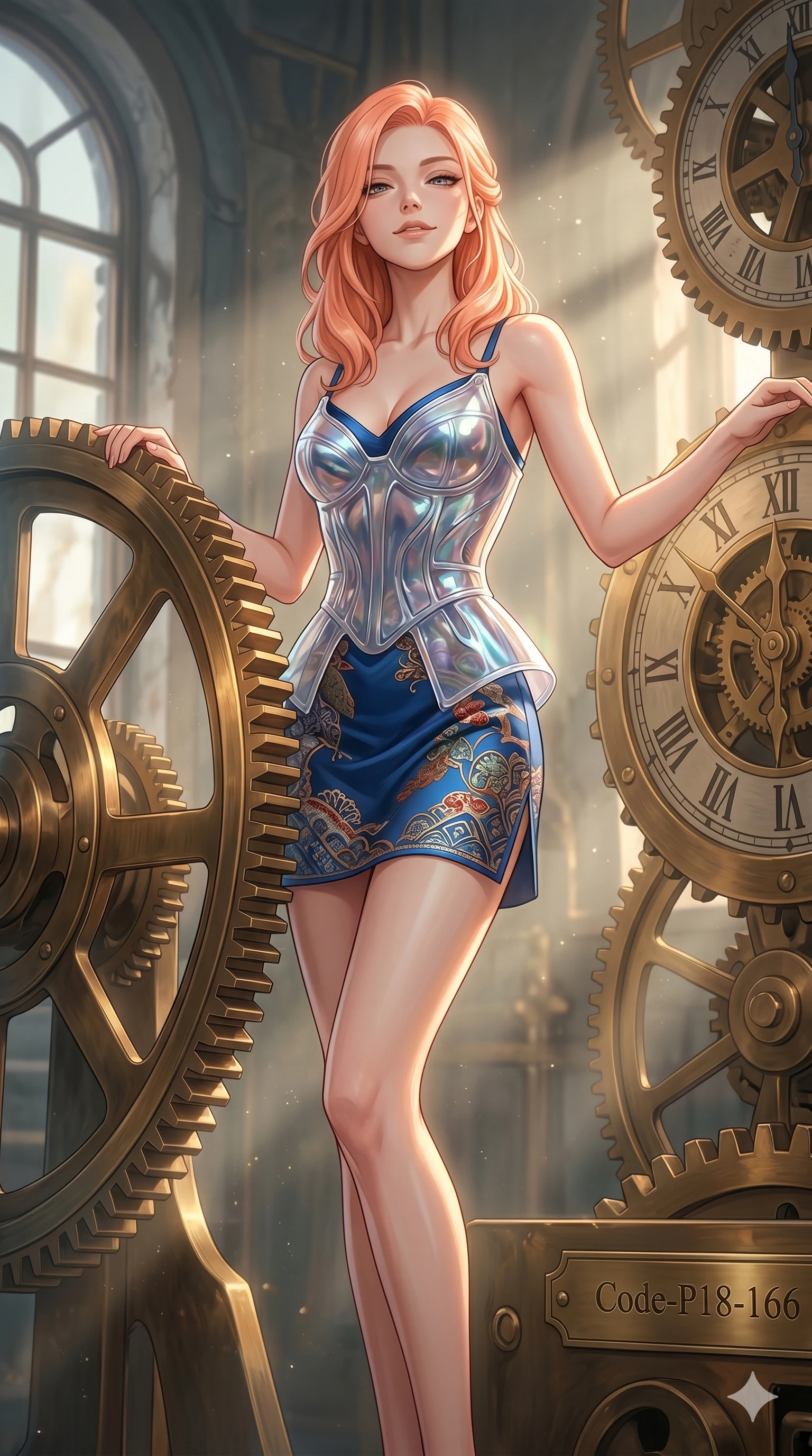 score_9, masterpiece, best quality, ultra-detailed, high-budget anime keyframe, editorial fashion photography, tasteful artistic composition, Japanese woman. cowboy shot from the thighs up, character and outfit filling the frame for maximum editorial presence. tilting her head back slightly, looking down with a self-assured smile in an antique clock tower with massive turning bronze gears and dials (Code-P18-166). She has an absolutely perfect 8-heads proportion, an exceptionally tall and slender female figure with impossibly long slender legs and an ultra-slim waist. V-shaped jawline, high-bridge nose, intricate jewel-like eyes with depth, thick eyelashes, glossy lips with a natural sheen. wearing a translucent polymer structured bodice over a blue patterned embroidery slip dress. soft morning sunbeams filtering through the mist, creating a soft glowing atmosphere. 2k, ultra detail, master piece, 9:16 ratio