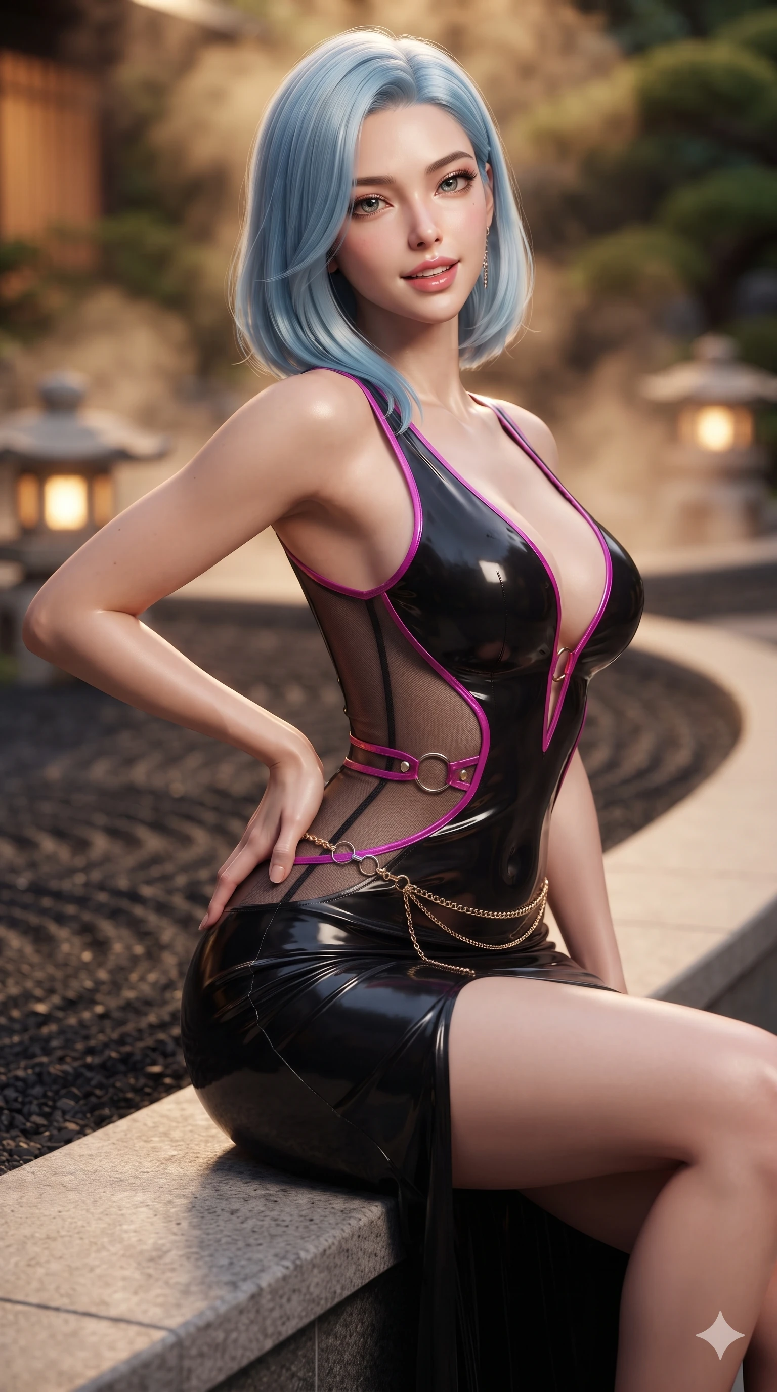 score_9, masterpiece, best quality, ultra-detailed, high-budget anime keyframe, editorial fashion photography, tasteful artistic composition, Korean woman. close-up cowboy shot from the waist and thighs up, the character dominates the composition, filling the frame with her large presence. arching her spine backward with effortless dancer poise, one hand sliding along her hip line as directional light carves specular highlights along her silhouette while sitting poised on the smooth stone coping with one knee bent, flashing an enchanting smile with parted glossy lips. The background shows a soft-focus raked black volcanic gravel patterns, glowing stone toro lanterns, and dense warm steam blurred into warm amber, charcoal, and moss-green bokeh. She has an exceptionally elegant, slender, and willowy female figure with an ultra-slim waist, flat toned midriff, narrow ribcage, and sculpted feminine hips creating an alluring, slim hourglass silhouette without bulk. sharp v-shaped jawline, high-bridge nose, intricate jewel-like sparkling eyes with depth, thick eyelashes, glossy parted lips with a natural sheen, intensely captivating and seductive bedroom-eyes expression, exuding both youthful cute charm and sovereign luxury allure, flawlessly proportioned anatomical accuracy, strict slender model proportions, natural body alignment, perfectly sculpted long slender limbs, ultra-slim waistline, clean dynamic posture without body distortion. wearing an alluring plunging sweetheart bodice dress with sheer mesh side-waist cutouts contouring her ribs in black lacquer and vibrant magenta neon, adorned with delicate chrome ring hardware and cutouts along her slender waist, accented with a delicate gold chain belt resting loosely on her curvy hips, the precision-cut side openings and low-back scoop framing her graceful spine and the sensual sweep of her slim, toned hips. illuminated by water reflection bounce and sharp amber-gold rim lights sculpting her razor-sharp jawline, narrow waist, and curvy hips. ultra-reflective glossy finish, specular highlights, rich textural contrasts, high-contrast stereoscopic depth, volumetric dynamic lighting, 2k, ultra detail, master piece, 9:16 ratio