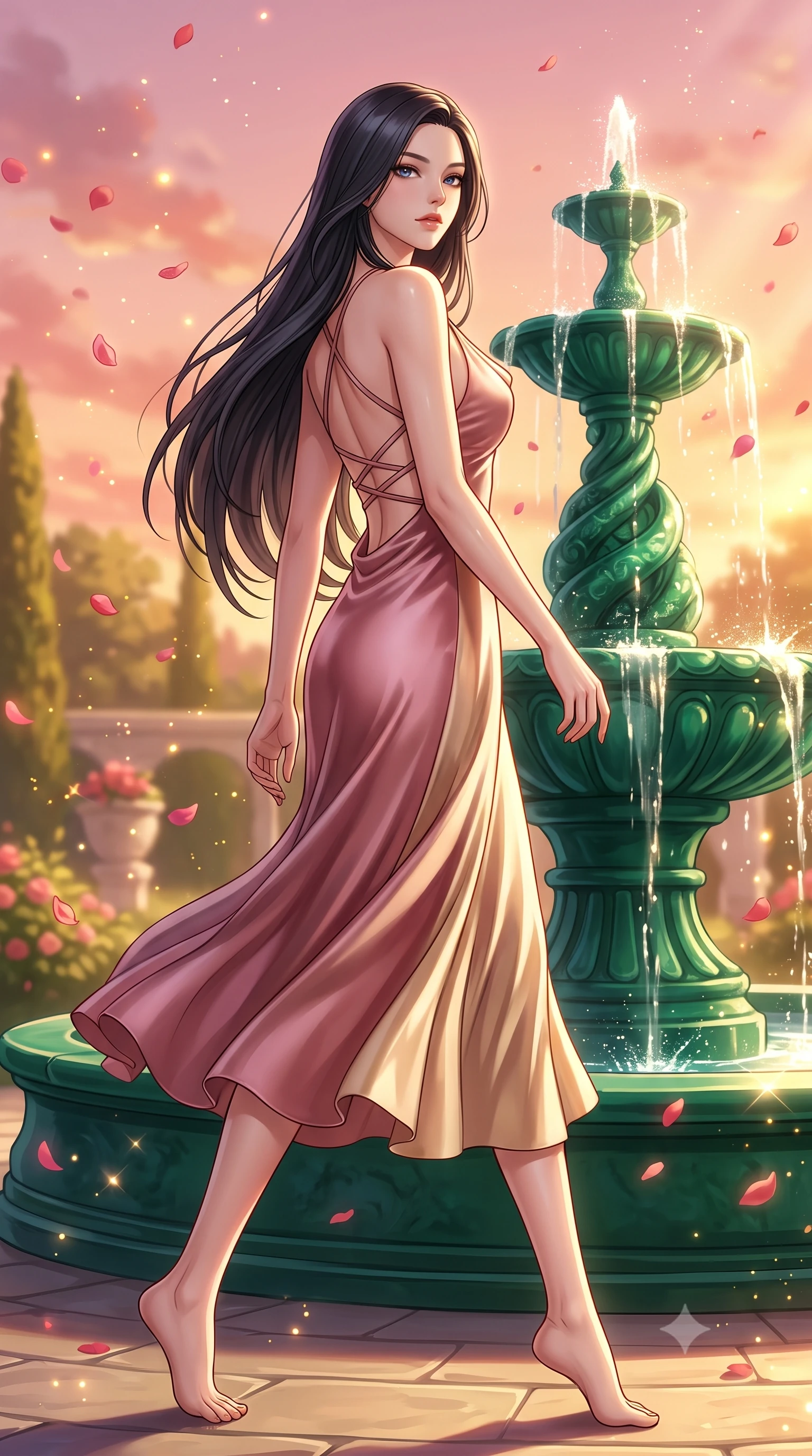 score_9, masterpiece, best quality, ultra-detailed, high-budget anime keyframe, editorial fashion photography, tasteful artistic composition, Korean woman. low angle full-body shot from head to toe showing her feet, filling the entire 9:16 vertical frame with her statuesque presence, stretching her vertical silhouette. stepping forward in a proud dynamic stride, her vertical silhouette filling the frame with statuesque presence while pivoting dynamically near an emerald spiral fountain in a sunlit sky garden, floating rose petals and golden solar dust sparkling in the warm air. She has an absolutely perfect, statuesque 8.5-heads proportion, an exceptionally tall and slender model-like female figure with impossibly long slender legs and an ultra-slim waist. sharp v-shaped jawline, high-bridge nose, intricate jewel-like eyes with depth, thick eyelashes, glossy lips with a natural sheen, flawlessly proportioned anatomical accuracy, natural body alignment, perfectly sculpted elegant limbs, clean dynamic posture without body distortion. wearing an elegant cowl-neck satin midi dress with a graceful draped neckline in dusty rose and champagne gold, crafted from lustrous satin jersey with fluid draping, complemented by criss-cross back straps highlighting her bare shoulders, the elegant draped fit framing her graceful clavicle and slender torso. bathed in glorious golden hour sunbeams and warm rose-gold ambient light. highly saturated vibrant anime colors, detailed shading with soft gradients, rich glossy textures, high-contrast stereoscopic depth, volumetric dynamic lighting, master piece, 9:16 ratio