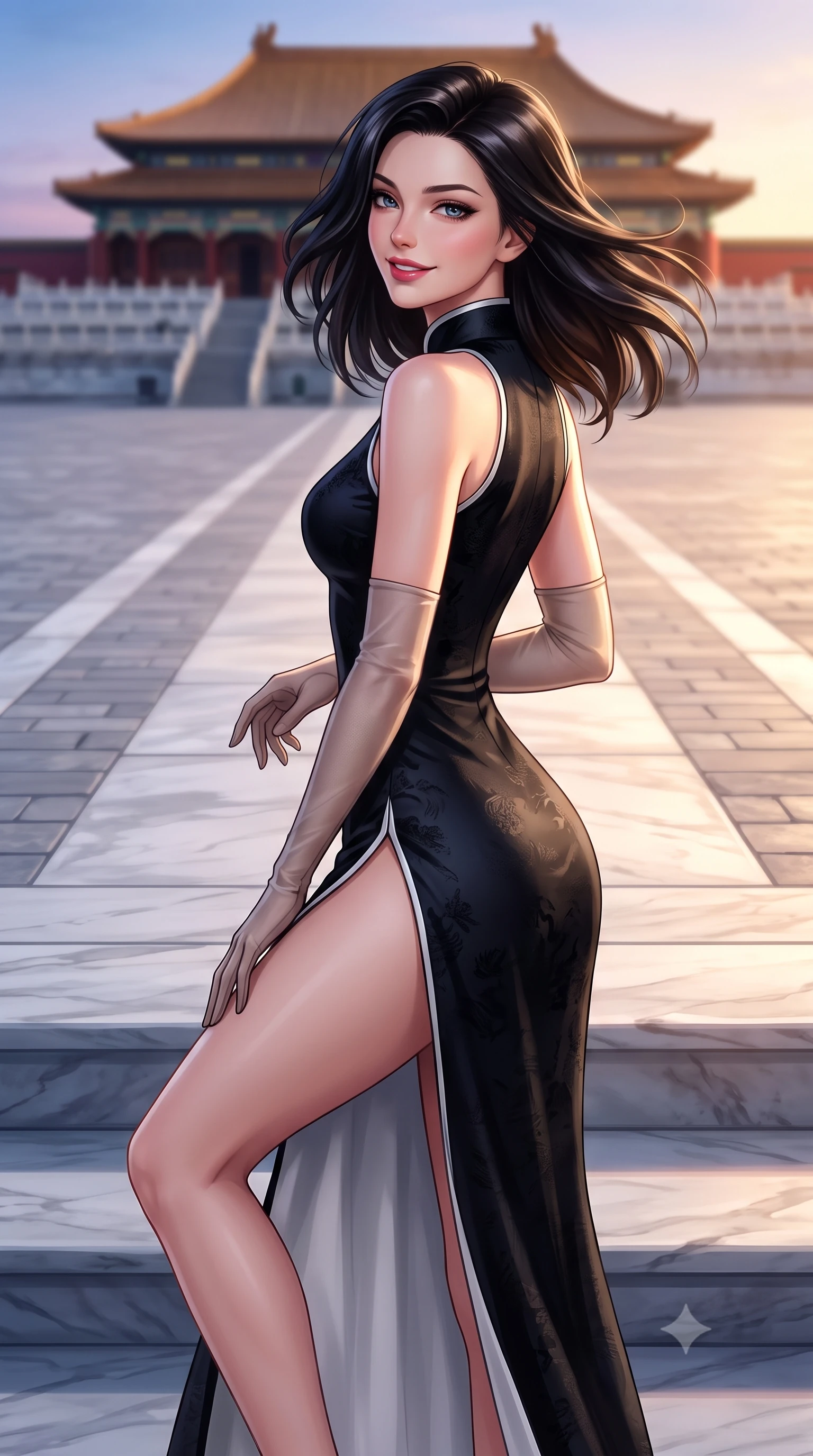 score_9, masterpiece, best quality, ultra-detailed, high-budget anime keyframe, semi-realistic 3D game render, editorial fashion photography, tasteful artistic composition, Caucasian woman. close-up cowboy shot from the waist and thighs up, the character dominates the composition, filling the frame with her large presence. turning slowly with a smoldering smile, her glossy dark hair tossing in the evening breeze as her hips angle gracefully in a captivating contrapposto while lounging gracefully on the wide marble terrace steps with legs extended, her tailored high-slit gown commanding the monumental historic plaza. The background shows a soft-focus the vast paved white marble courtyard softened in majestic imperial Beijing shallow focus. She has an exceptionally elegant, slender, and willowy female figure with an ultra-slim waist, flat toned midriff, narrow ribcage, and sculpted feminine hips creating an alluring, slim hourglass silhouette without bulk. sharp v-shaped jawline, high-bridge nose, intricate jewel-like dark sparkling almond eyes with depth, thick lashes, glossy parted lips with a natural rose-plum sheen, bright alluring and coquettish smile with bedroom-eyes, exuding both timeless oriental elegance and sovereign high-fashion allure, flawlessly proportioned anatomical accuracy, strict slender model proportions, natural body alignment, perfectly sculpted long slender limbs, ultra-slim waistline, clean dynamic posture without body distortion. wearing a form-contouring high-neck modern cheongsam mini dress in midnight black jacquard silk with daring double side hip slits in stark monochrome black and white ink contrast, tailored from smooth celadon raw silk with natural organic slub texture, complemented by delicate sheer silk fingerless gloves reaching past her elbows, the form-contouring cut accentuating her sculpted flat midriff, narrow delicate ribcage, and gracefully curvy hips with regal oriental supermodel elegance. bathed in dramatic twilight golden hour light streaming horizontally across the vast marble plaza. highly saturated vibrant anime colors, detailed shading with soft gradients, rich glossy textures, high-contrast stereoscopic depth, volumetric dynamic lighting, master piece, 9:16 ratio