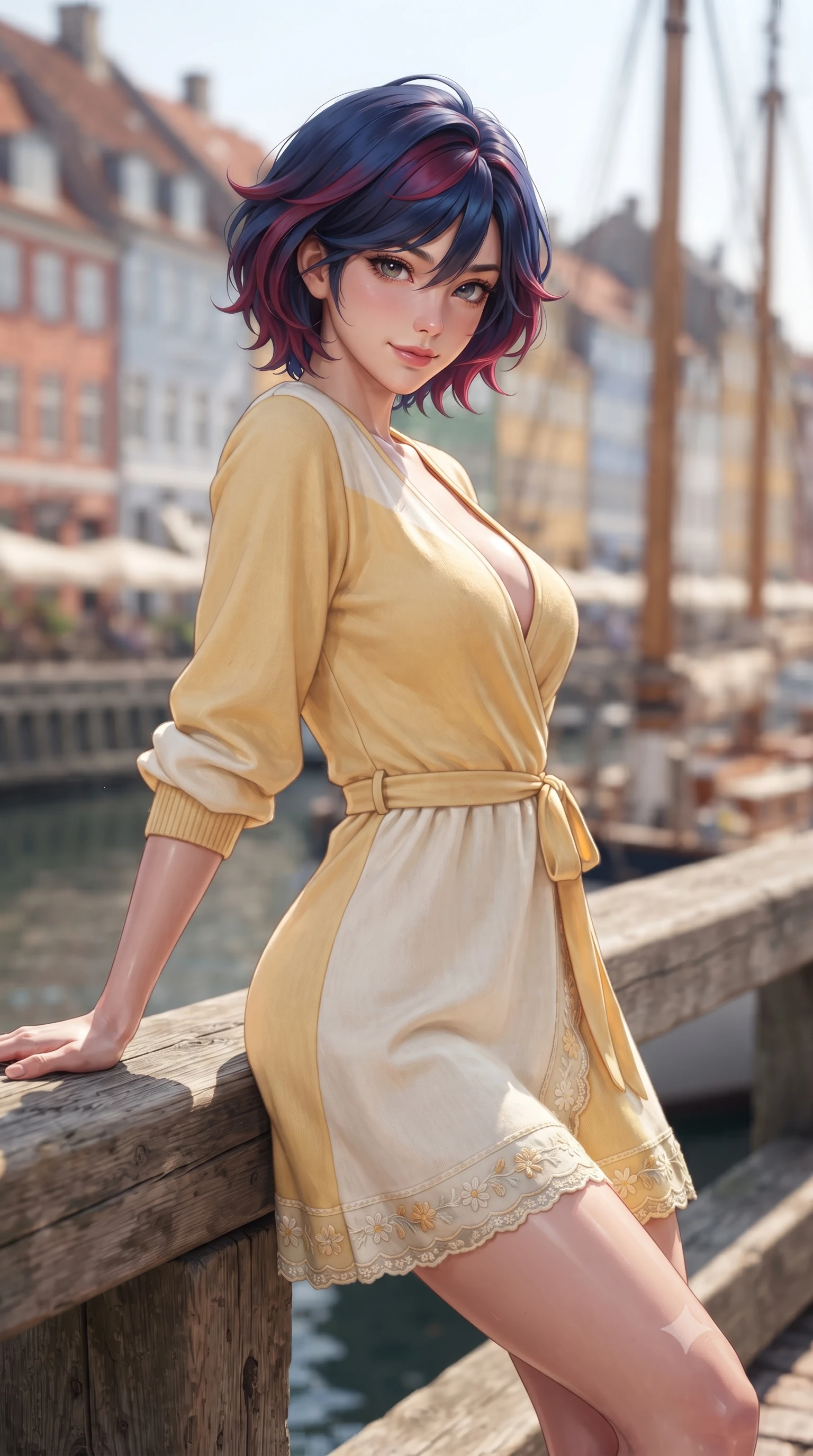 score_9, masterpiece, best quality, ultra-detailed, high-budget anime keyframe, editorial fashion photography, tasteful artistic composition, Korean woman. close-up cowboy shot from the waist and thighs up, the character dominates the composition, filling the frame with her large presence. leaning back against the sunlit railing with relaxed seductive grace, her flat midriff and narrow waist highlighted as she smiles brightly with bewitching eyes while leaning against a wooden mooring post with hips cocked back, looking over her shoulder with an alluring, carefree girlhood gaze. The composition keeps background elements in soft focus with dreamy creamy bokeh. colorful historic pastel townhouses and vintage wooden sailboat masts blurred into mustard-yellow, brick-red, and pale sky-blue bokeh. She has an exceptionally elegant, slender, and willowy female figure with an ultra-slim waist, flat toned midriff, narrow ribcage, and sculpted feminine hips creating an alluring, slim hourglass silhouette without bulk. sharp v-shaped jawline, high-bridge nose, intricate jewel-like sparkling eyes with depth, thick eyelashes, glossy parted lips with a natural peach sheen, bright cheerful beaming smile with an enchanting and coquettish sensual glint, exuding both youthful cute charm and seductive allure, flawlessly proportioned anatomical accuracy, strict slender model proportions, natural body alignment, perfectly sculpted long slender limbs, ultra-slim waistline, clean dynamic posture without body distortion. wearing a breezy wrap mini dress with a deep V-neckline and tie-waist accentuating her sculpted flat midriff and hips in bright butter yellow and fresh cream white, crafted from soft cozy cashmere yarn with an airy drape, complemented by delicate embroidered floral trim along the hem, the liquid-tight tailored fabric clinging flawlessly to her narrow waist and rounded feminine hips, emphasizing every millimeter of her sculpted slim hourglass curves without any bulky heaviness. illuminated by vibrant colored townhouse bounce light sharply defining her sculpted collarbones, ultra-slim waist, and curvy hips. ultra-reflective glossy finish, specular highlights, rich textural contrasts, high-contrast stereoscopic depth, volumetric dynamic lighting, 2k, ultra detail, master piece, 9:16 ratio