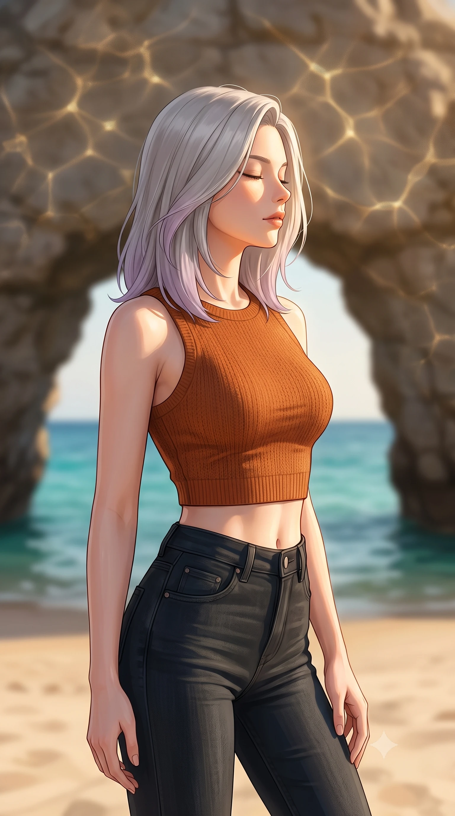 score_9, masterpiece, best quality, ultra-detailed, high-budget anime keyframe, editorial fashion photography, tasteful artistic composition, Caucasian woman woman. close-up cowboy shot from the waist and thighs up, the character dominates the composition, filling the frame with her large presence, background elements kept in soft focus. turning her face in profile to catch the warm sunlight on her cheek, eyes softly closed the background shows a soft-focus a natural stone arch on the beach with turquoise water visible through the opening. She has an exceptionally elegant, slender, and willowy female figure with an ultra-slim waist, a gracefully sculpted slender torso, and a refined silhouette. sharp v-shaped jawline, high-bridge nose, intricate jewel-like eyes with depth, thick eyelashes, glossy lips with a natural sheen. wearing a tailored body-hugging knit crop top in rust orange paired with high-waisted skinny jeans. sunlight reflecting off the water surface onto the rock ceiling and her outline. 2k, ultra detail, master piece, 9:16 ratio