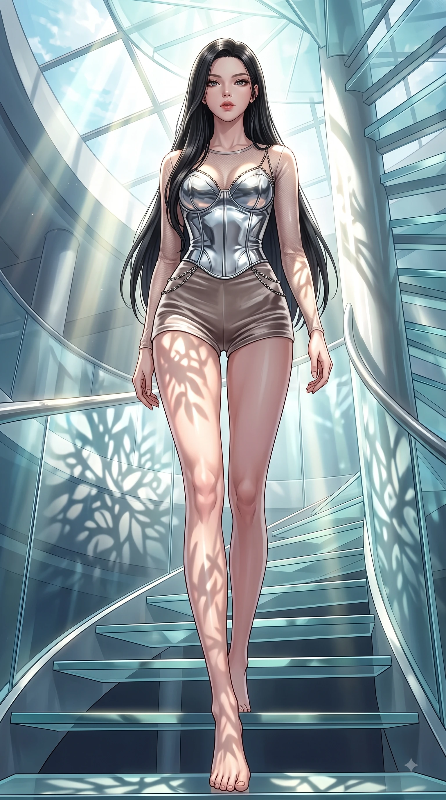 score_9, masterpiece, best quality, ultra-detailed, high-budget anime keyframe, editorial fashion photography, tasteful artistic composition, Korean woman. low angle full-body shot from head to toe showing her feet, filling the entire 9:16 vertical frame with her statuesque presence, stretching her vertical silhouette. stepping forward in a proud dynamic stride with an alluring waist tilt, her vertical silhouette filling the frame while ascending a vertical glass spiral staircase enveloped by tropical volumetric sunbeams, intense volumetric sunbeams filtering through the glass ceiling, creating stencil shadows. She has an absolutely perfect, statuesque 8.5-heads proportion, an exceptionally tall and slender model-like female figure with impossibly long slender legs and an ultra-slim waist. sharp v-shaped jawline, high-bridge nose, intricate jewel-like eyes with depth, thick eyelashes, glossy lips with a natural sheen, flawlessly proportioned anatomical accuracy, natural body alignment, perfectly sculpted elegant limbs, clean dynamic posture without body distortion. wearing a chrome-plated structured bodice worn over a sheer mesh top and micro-shorts in muted taupe and soft ivory, made of premium stretch velvet with a rich sheen, adorned with delicate metallic chain straps along the neckline, the form-contouring material highlighting her ultra-slim waist and long lines. illuminated by brilliant sunbeams casting organic leaf stencil shadows. highly saturated vibrant anime colors, detailed shading with soft gradients, rich glossy textures, high-contrast stereoscopic depth, volumetric dynamic lighting, master piece, 9:16 ratio