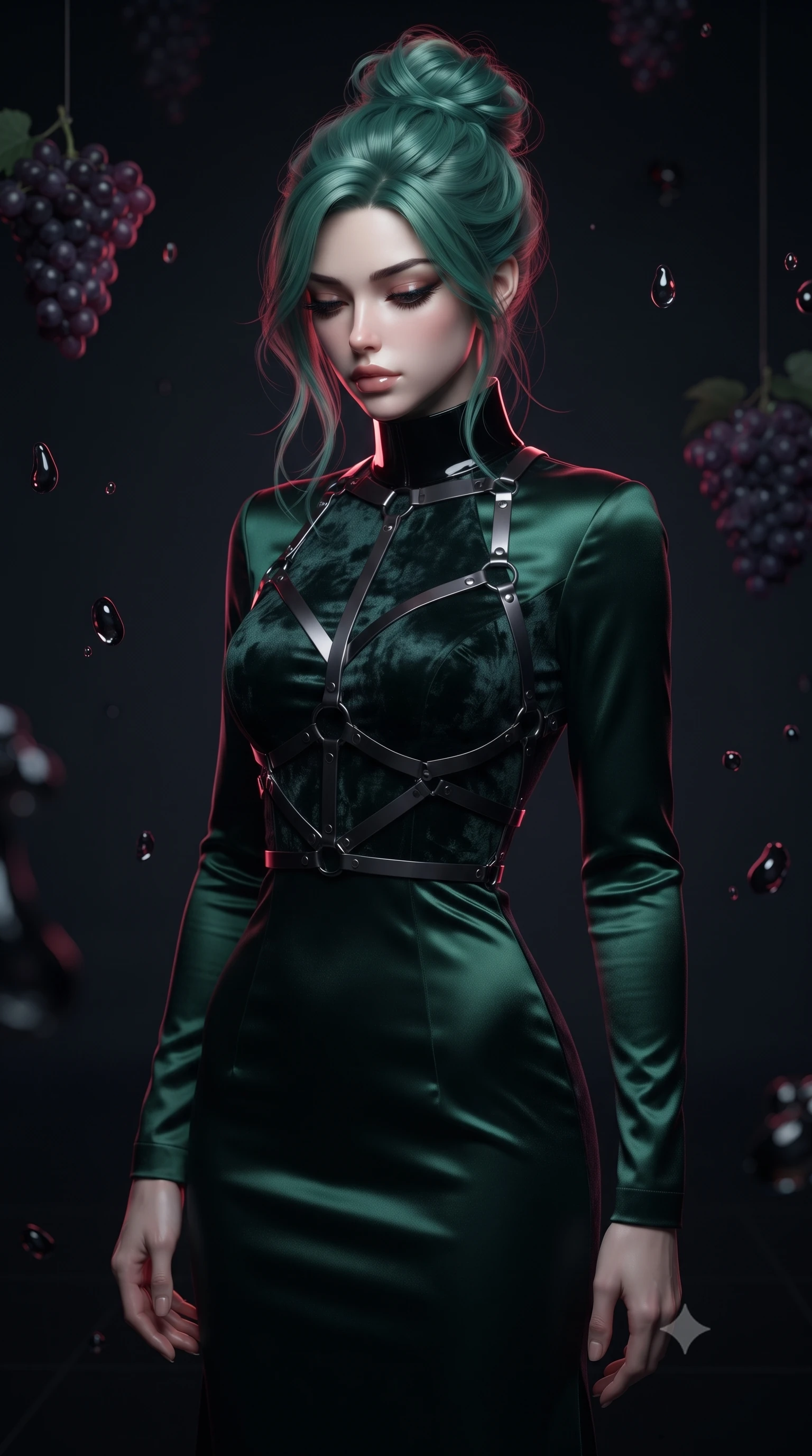 score_9, masterpiece, best quality, ultra-detailed, high-budget anime keyframe, editorial fashion photography, tasteful artistic composition, Japanese woman. close-up cowboy shot from the waist and thighs up, the character dominates the composition, filling the frame with her large presence, background elements kept in soft focus. Looking down with lowered lashes and a composed, powerful dark aura, poised on a polished black mirror floor surrounded by suspended dark amethyst clusters, dark liquid crystal droplets frozen in zero gravity around her form. She has an exceptionally elegant, slender, and willowy female figure with an ultra-slim waist, a gracefully sculpted slender torso, and a refined silhouette. sharp v-shaped jawline, high-bridge nose, intricate jewel-like eyes with depth, thick eyelashes, glossy lips with a natural sheen. wearing long-sleeved dark emerald satin gown with high structured neckline in obsidian black, made of crushed dark silk velvet, highlighted by a gunmetal metallic harness structure, accentuating her gracefully sculpted slender torso. surrounded by moody midnight shadows with sharp crimson rim light tracing her silhouette. ultra-reflective glossy finish, specular highlights, metallic sheen, high-contrast stereoscopic depth, volumetric dynamic lighting, 2k, ultra detail, master piece, 9:16 ratio