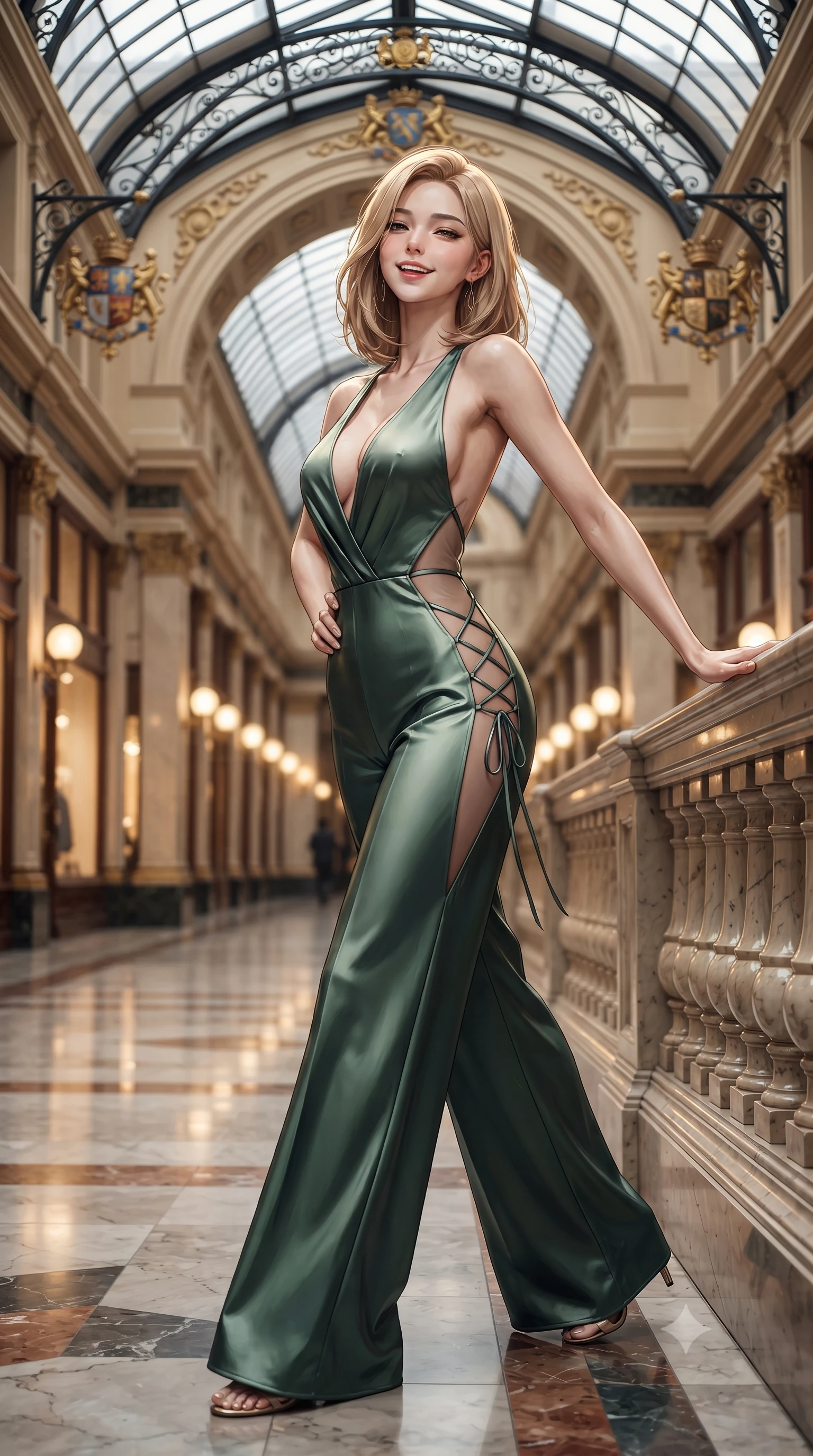 score_9, masterpiece, best quality, ultra-detailed, high-budget anime keyframe, editorial fashion photography, tasteful artistic composition, Korean woman. close-up cowboy shot from the waist and thighs up, the character dominates the composition, filling the frame with her large presence. leaning back against the balustrade with relaxed seductive grace, head tilted back slightly while casting a hypnotic, heavy-lidded gaze while striding down the polished marble corridor with tall model strides, one hand on her cinched hip as her tailored blazer dress sways. The background shows a soft-focus illuminated wrought-iron and glass vaulted ceiling, gilded coats-of-arms, and glowing luxury fashion windows blurred into amber, mahogany, and brass bokeh. She has an exceptionally elegant, slender, and willowy female figure with an ultra-slim waist, flat toned midriff, narrow ribcage, and sculpted feminine hips creating an alluring, slim hourglass silhouette without bulk. sharp v-shaped jawline, high-bridge nose, intricate jewel-like sparkling eyes with depth, thick eyelashes, glossy parted lips with a natural peach sheen, bright cheerful beaming smile with an enchanting and coquettish sensual glint, exuding both youthful cute charm and seductive allure, flawlessly proportioned anatomical accuracy, strict slender model proportions, natural body alignment, perfectly sculpted long slender limbs, ultra-slim waistline, clean dynamic posture without body distortion. wearing a backless plunge-front silk satin jumpsuit with fluid wide-leg silhouette and daring side hip cutouts in Lake Como cypress green and crisp ivory pearl, made of semi-opaque stretch illusion mesh with soft shadowy contours along her waist, featuring fine criss-cross lace-up side ties revealing tantalizing glimpses of her hip curve, the second-skin tailored fabric adhering flawlessly to her sculpted flat midriff and slender torso, emphasizing her long leg lines and perfectly proportioned willowy build. illuminated by polished mosaic floor reflection bounce and sharp champagne rim lights sculpting her features, flat midriff, and slender waist. ultra-reflective glossy finish, specular highlights, rich textural contrasts, high-contrast stereoscopic depth, volumetric dynamic lighting, 2k, ultra detail, master piece, 9:16 ratio