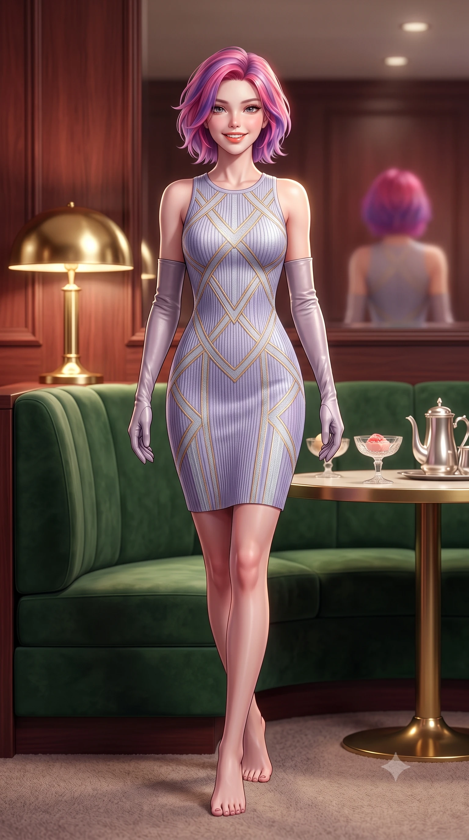 score_9, masterpiece, best quality, ultra-detailed, high-budget anime keyframe, semi-realistic 3D game render, editorial fashion photography, tasteful artistic composition, Caucasian woman. low angle full-body shot from head to toe showing her feet, filling the entire 9:16 vertical frame with her statuesque presence, stretching her vertical silhouette. stepping forward gracefully in mid-motion with a radiant beaming smile, hips swaying with supermodel rhythm as her vertical silhouette fills the frame while sitting poised in a curved forest green velvet booth beside a polished brass lamp, smiling cheerfully over a vintage parfait glass. The background shows a soft-focus vintage crystal dessert coupes and silver coffee services softened in nostalgic Tokyo cafe romance shallow focus. She has an exceptionally tall and slender model-like 8.5-heads proportion, an ultra-slim waist, a flat toned midriff, narrow delicate ribcage, and beautifully sculpted feminine hips creating a graceful, slim hourglass silhouette without any bulky heaviness, with impossibly long slender legs. sharp v-shaped jawline, high-bridge nose, intricate jewel-like sparkling eyes with depth, thick eyelashes, glossy parted lips with a natural peach sheen, bright cheerful beaming smile with an enchanting and coquettish sensual glint, exuding both youthful cute charm and seductive allure, flawlessly proportioned anatomical accuracy, strict slender model proportions, natural body alignment, perfectly sculpted long slender limbs, ultra-slim waistline, clean dynamic posture without body distortion. wearing a form-contouring Art Deco geometric patterned knit bodycon dress hugging her slender frame with golden thread accents in frosted mountain lavender and shimmering ice silver, tailored from form-contouring ribbed merino wool hugging her torso like a second skin, complemented by buttery leather opera gloves tracing her slender arms with sleek polish, the snug waist-cinching tailoring accentuating her ultra-slim waistline and the enchanting curve of her feminine hips with alluring seductive charm. illuminated by rosewood wall and brass reflection bounce with crisp champagne rim lights defining her cheekbones and slender waist. highly saturated vibrant anime colors, detailed shading with soft gradients, rich glossy textures, high-contrast stereoscopic depth, volumetric dynamic lighting, master piece, 9:16 ratio