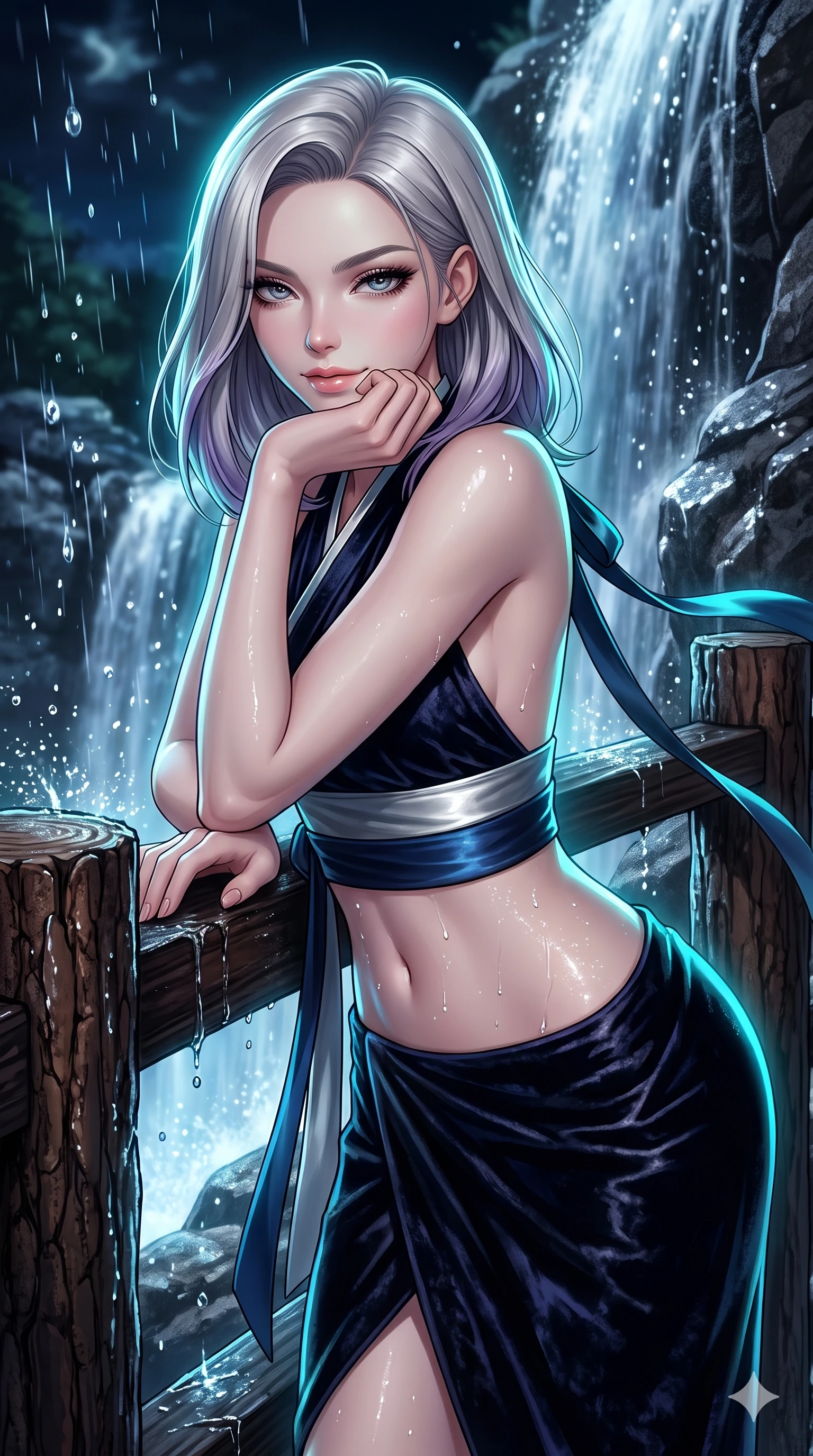 score_9, masterpiece, best quality, ultra-detailed, high-budget anime keyframe, semi-realistic 3D game render, editorial fashion photography, tasteful artistic composition, Caucasian woman. close-up cowboy shot from the waist and thighs up, the character dominates the composition, filling the frame with her large presence. resting one elbow on the lacquered balustrade and supporting her chin, leaning close to the camera with heavy-lidded sparkling eyes and parted lips while twisting her slender torso in an alluring contrapposto stance, waterfall spray droplets and moonbeams glistening across her flat midriff. The surrounding environment is rendered in vivid detail and crisp panoramic clarity: sharp falling water spray droplets, wet granite rock texture, and rustic pine post bark in deep focus. She has an exceptionally elegant, slender, and willowy female figure with an ultra-slim waist, flat toned midriff, narrow ribcage, and sculpted feminine hips creating an alluring, slim hourglass silhouette without bulk. sharp v-shaped jawline, high-bridge nose, sparkling eyes with hypnotic seductive depth, thick curled eyelashes, glossy parted lips with a natural dewy peach sheen, alluring bedroom-eyes with an enchanting coquettish smile, exuding magnetic siren charisma and sophisticated glamour, flawlessly proportioned anatomical accuracy, strict slender model proportions, natural body alignment, perfectly sculpted long slender limbs, ultra-slim waistline, clean dynamic posture without body distortion. wearing a structured minimalist hanbok wrap coat dress with clean geometric lines and a wide formal sash in metallic liquid silver and deep sapphire navy, tailored from crushed dark velvet with deep light-absorbing plush texture, finished with long silk ribbon ties fluttering down her bare spine from a backless halter, the impeccably tailored cut draping gracefully along her slender figure with aristocratic eastern poise. illuminated by waterfall foam bounce and sharp cyan-aquamarine rim lights sculpting her razor-sharp jawline, narrow waist, and curvy hips. highly saturated vibrant anime colors, detailed shading with soft gradients, rich glossy textures, high-contrast stereoscopic depth, volumetric dynamic lighting, master piece, 9:16 ratio