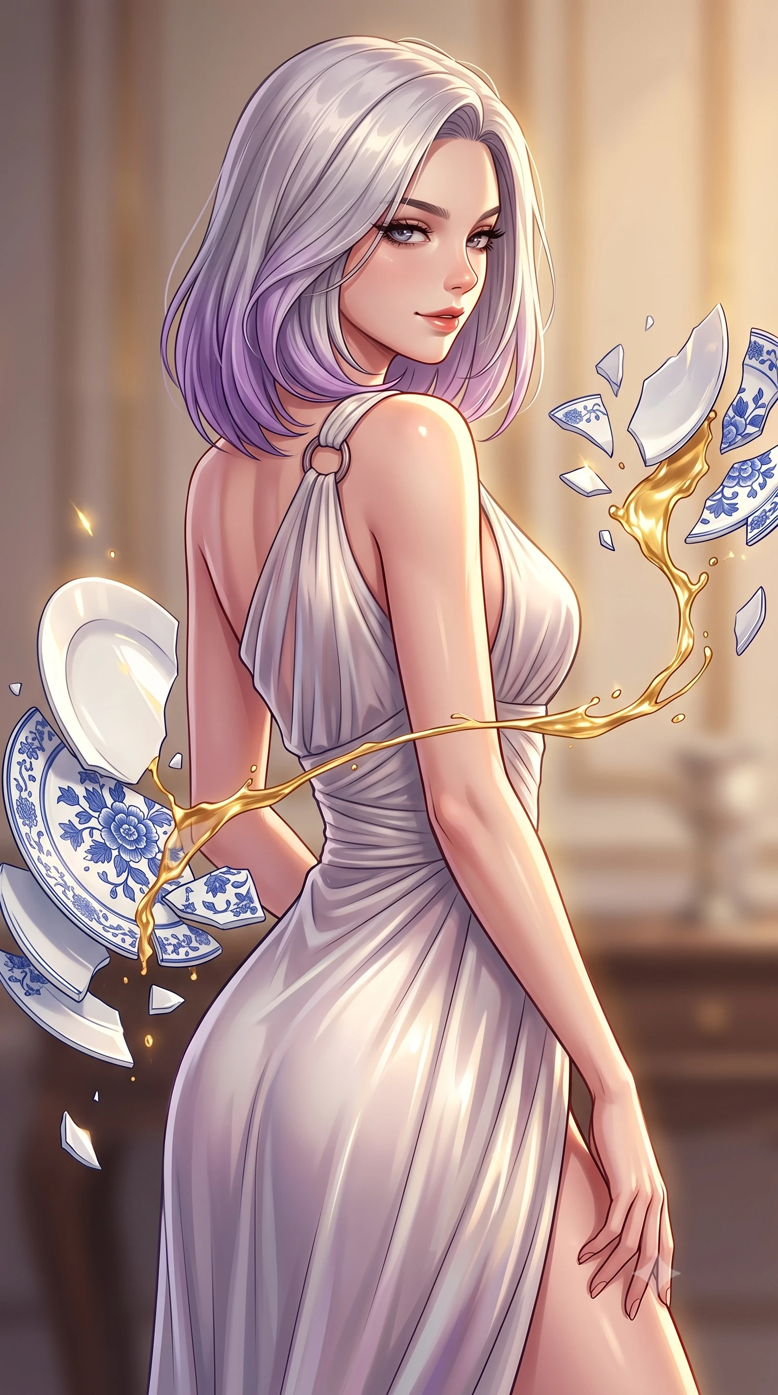 score_9, masterpiece, best quality, ultra-detailed, high-budget anime keyframe, editorial fashion photography, tasteful artistic composition, Caucasian woman. close-up cowboy shot from the waist and thighs up, the character dominates the composition, filling the frame with her large presence, background elements kept in soft focus. Glancing sidelong over her shoulder with a smoldering half-smile and heavy lashes guiding a stream of liquid gold connecting broken white porcelain plates, intricate blue porcelain floral patterns on floating ceramic shards. She has an exceptionally elegant, slender, and willowy female figure with an ultra-slim waist, a gracefully sculpted slender torso, and a refined silhouette. sharp v-shaped jawline, high-bridge nose, intricate jewel-like eyes with depth, thick eyelashes, glossy lips with a natural sheen. wearing an elegant Grecian draped chiffon gown with an asymmetrical shoulder strap and ring detail, the form-contouring material highlighting her ultra-slim waist and long lines. lit by soft warm hearth light with sharp gold specular highlights. highly saturated vibrant anime colors, detailed shading with soft gradients, rich glossy textures, high-contrast stereoscopic depth, volumetric dynamic lighting, master piece, 9:16 ratio