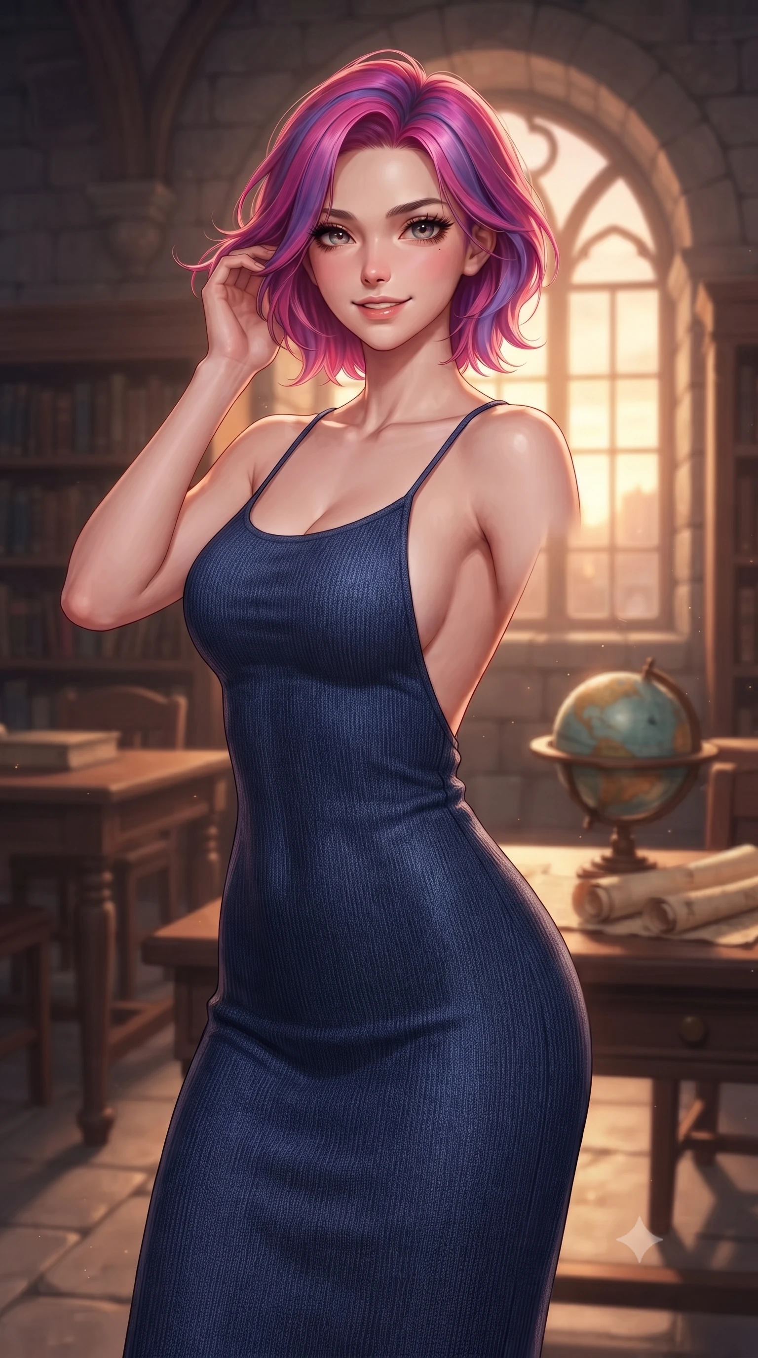 score_9, masterpiece, best quality, ultra-detailed, high-budget anime keyframe, editorial fashion photography, tasteful artistic composition, Caucasian woman. close-up cowboy shot from the waist and thighs up, the character dominates the composition, filling the frame with her large presence, background elements kept in soft focus. smiling cutely while gently brushing a strand of hair behind her ear set against a soft-focus background of inside a historic municipal library room with arched stone windows with a small desk globe and paper rolls arranged on the study table. She has an exceptionally elegant, slender, and willowy female figure with an ultra-slim waist, a gracefully sculpted slender torso, and a refined silhouette. sharp v-shaped jawline, high-bridge nose, intricate jewel-like eyes with depth, thick eyelashes, glossy lips with a natural sheen. wearing body-hugging body-hugging knit midi dress with a tasteful open-back design and thin straps. cozy golden hour sunset light illuminating the dusty bookshelves with a warm glow. highly saturated vibrant anime colors, detailed shading with soft gradients, rich glossy textures, high-contrast stereoscopic depth, volumetric dynamic lighting, master piece, 9:16 ratio