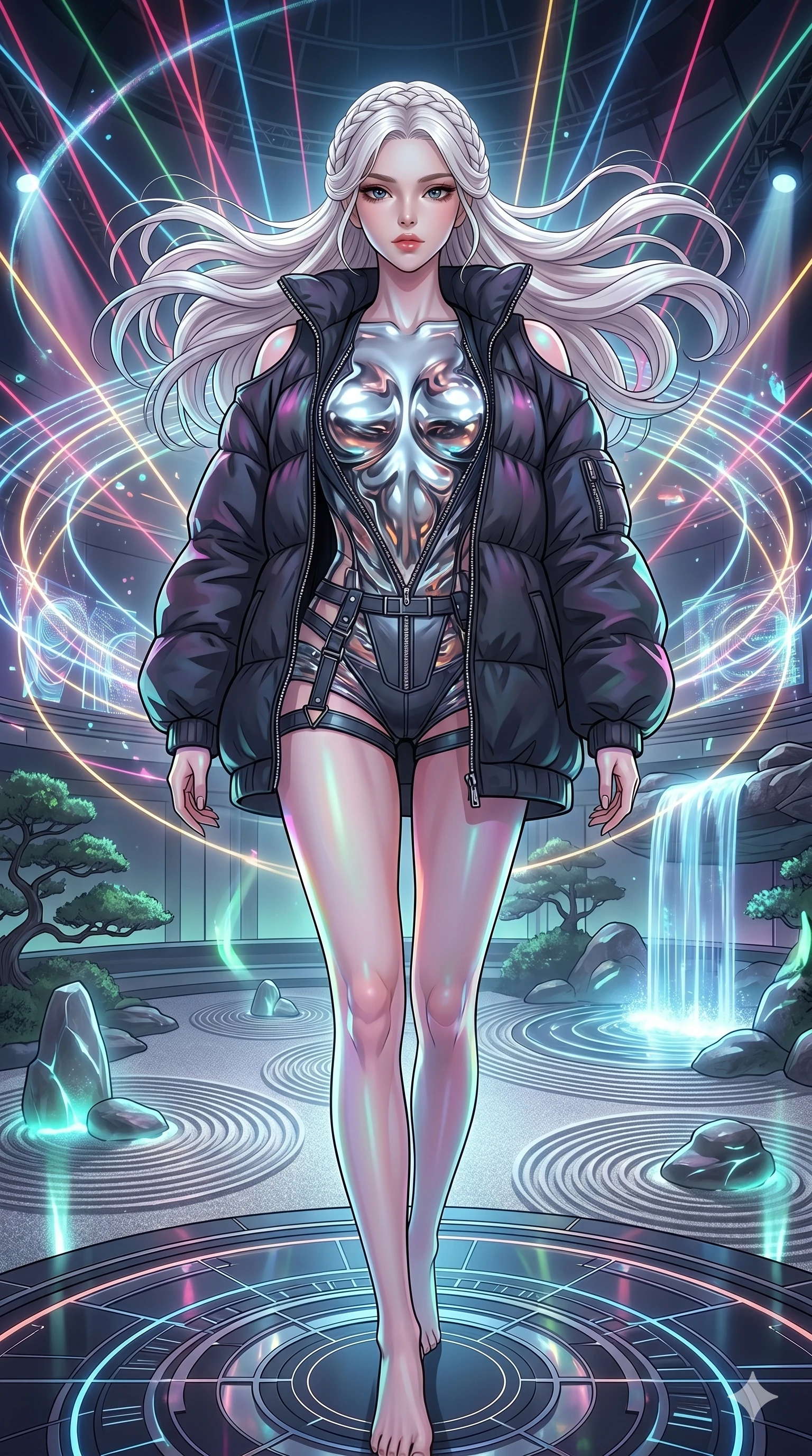 score_9, masterpiece, best quality, ultra-detailed, High-budget Anime Keyframe, vibrant colors, fluid line-art, expressive lighting, cinematic composition, Ufotable-style visual effects, top-tier animation quality, Korean woman with idol-like refined features. Dramatic low angle looking up at her majestic stature, dominating the vertical space of the composition. Orchestrating a complex symphony of laser lights and holographic projections in a grand futuristic concert hall. She has an absolutely perfect 8-heads proportion, an exceptionally tall and slender female figure with impossibly long slender legs and an ultra-slim waist, her statuesque height and towering silhouette dominating the vertical 9:16 frame. Her face is a masterpiece featuring a sharp v-shaped jawline, high-bridge nose, intricate jewel-like eyes with depth, thick eyelashes, and glossy lips with a natural sheen. She is wearing a Oversized puffer jacket worn over a micro-shorts and harness set, unzipped to reveal her chest crafted from Molten liquid mercury that flows and reflects the environment with metallic perfection, boasting shoulder cut-outs and a glowing spinal interface visible through the back. The scene is set in a serene Zen garden with metallic sand, glowing stones, and a holographic waterfall, illuminated by soft bioluminescent glow from the environment casting ethereal colors on her skin. 2k, ultra detail, master piece, 9:16 ratio