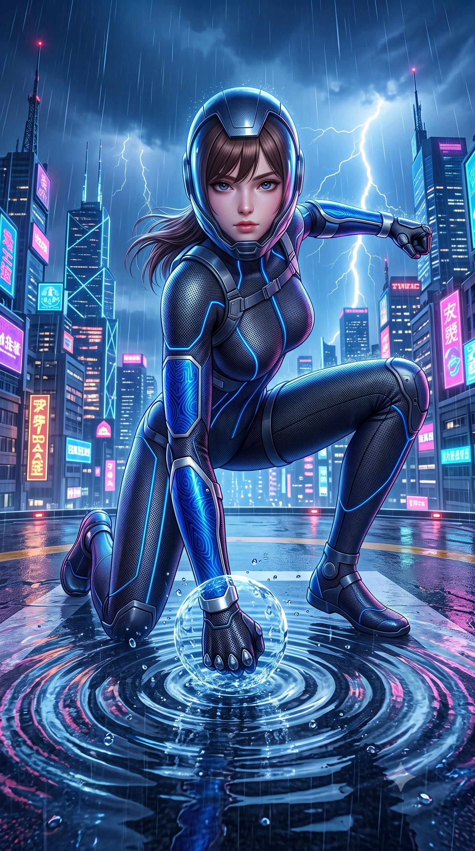score_9, masterpiece, best quality, ultra-detailed, high-budget anime keyframe, semi-realistic 3D game render, editorial fashion photography, tasteful artistic composition, Korean woman. low angle full-body shot from head to toe showing her feet, filling the entire 9:16 vertical frame with her statuesque presence, stretching her vertical silhouette. landing gracefully from a high-altitude leap on one knee and palm, her statuesque silhouette framed by radial shockwave ripples in the ground while pivoting dynamically in mid-motion on the wet helipad as displaced rain droplets form a frozen sphere around her fist. The surrounding environment is rendered in vivid detail and crisp panoramic clarity. intricate Damascus-pattern carbon knuckle plating, skyscraper antenna beacons, and neon reflections in high clarity. She has an absolutely perfect, statuesque 8.5-heads proportion, an exceptionally tall and slender model-like female figure with impossibly long slender legs, a toned flat midriff, and an ultra-slim waist. sharp v-shaped jawline, high-bridge nose, intricate jewel-like eyes with depth, thick eyelashes, glossy lips with a natural sheen, flawlessly proportioned anatomical accuracy, strict slender model proportions, natural body alignment, perfectly sculpted long slender limbs, ultra-slim waistline, clean dynamic posture without body distortion. wearing an aerodynamic dark titanium carbon-mesh jumper with glowing blue fiber lines and reinforced Damascus-pattern arm guards in electric cobalt blue carbon with polished platinum trim, made of liquid carbon-jersey fabric adhering flawlessly to her sculpted silhouette, reinforced by a sleek titanium kinetic harness and glowing micro-energy straps, the glove-like aerodynamic second-skin fit tightly clinging to her ultra-slender waist and athletic curves without adding bulk, accentuating her razor-sharp statuesque lines and slim hourglass silhouette. bathed in dramatic blue lightning flashes and vibrant neon city ambient reflections. rich saturated anime colors with glowing neon highlights, detailed shading with soft gradients, rich glossy textures, high-contrast stereoscopic depth, volumetric dynamic lighting, master piece, 9:16 ratio